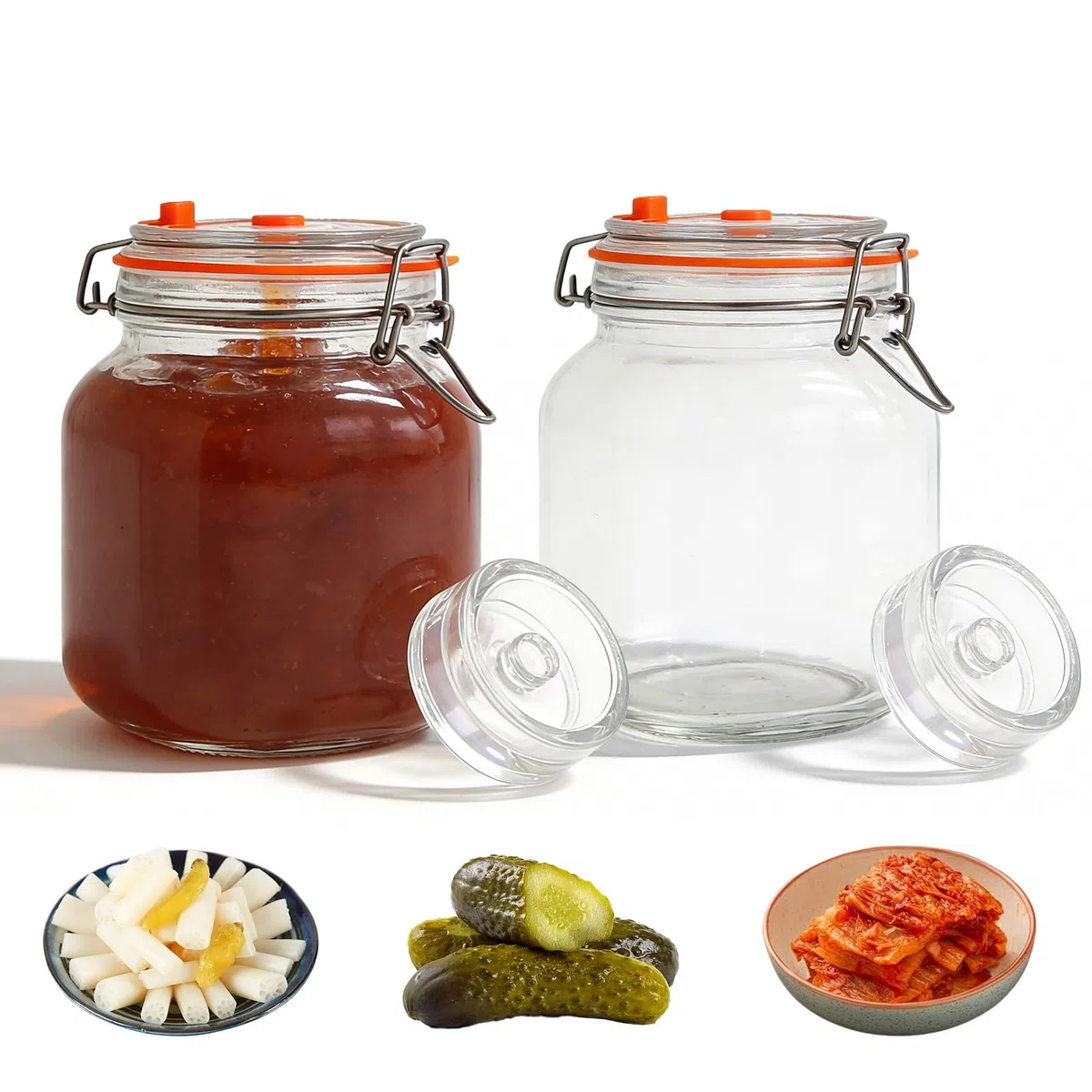 Vaso de fermentación de 2 l, recipiente de fermentación con esclusa de aire, cristal para fermentación para kimchi, chucrut, levadura, vidrio de fermentación con tapa de silicona y peso de