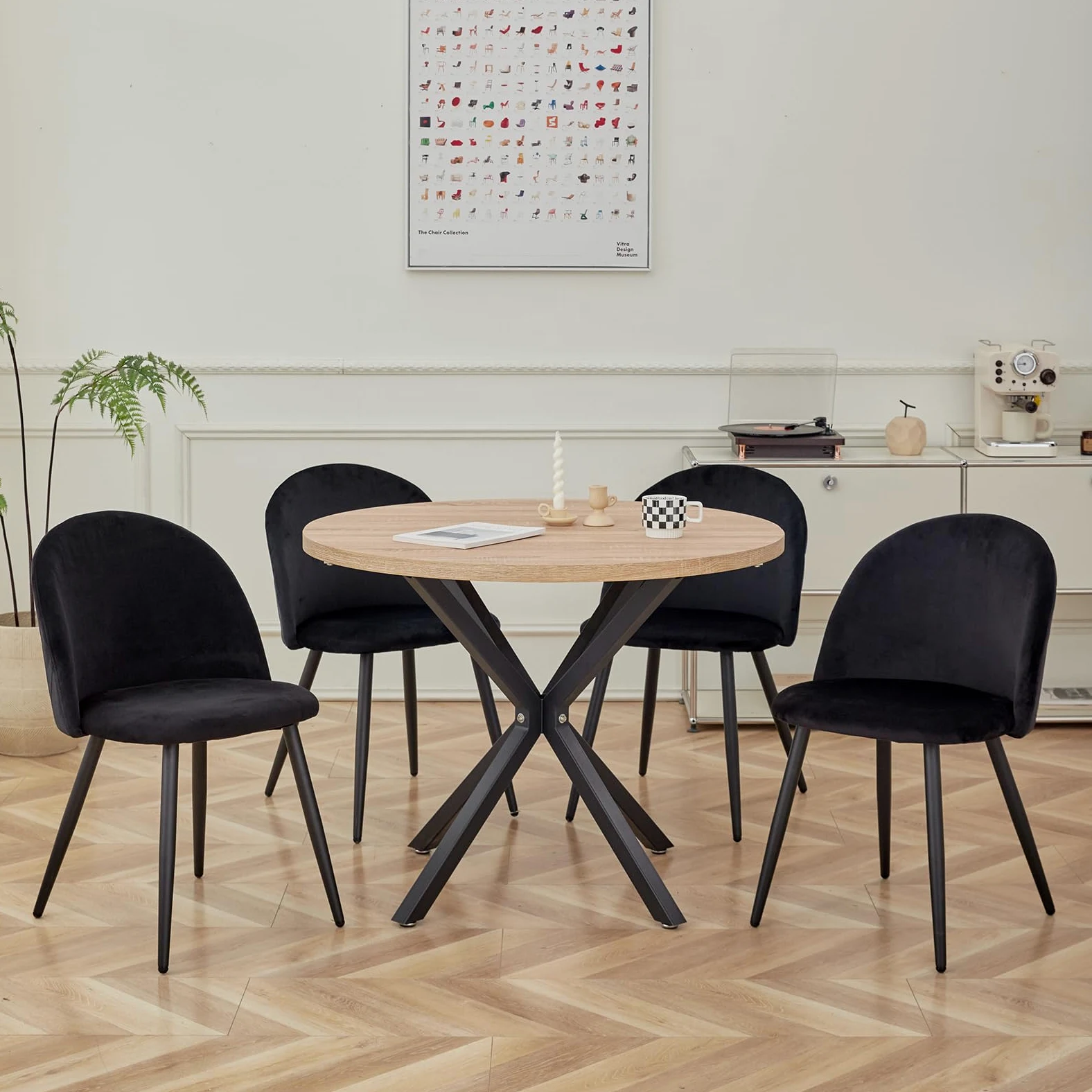 GrandCA HOME Conjunto de Mesa y Sillas de Comedor, Mesa Redonda de 100 cm y 4 Sillas de Terciopelo Nórdico, Ideal para Salón, Comedor y Cocina (Veta de Madera Clara + Negro)