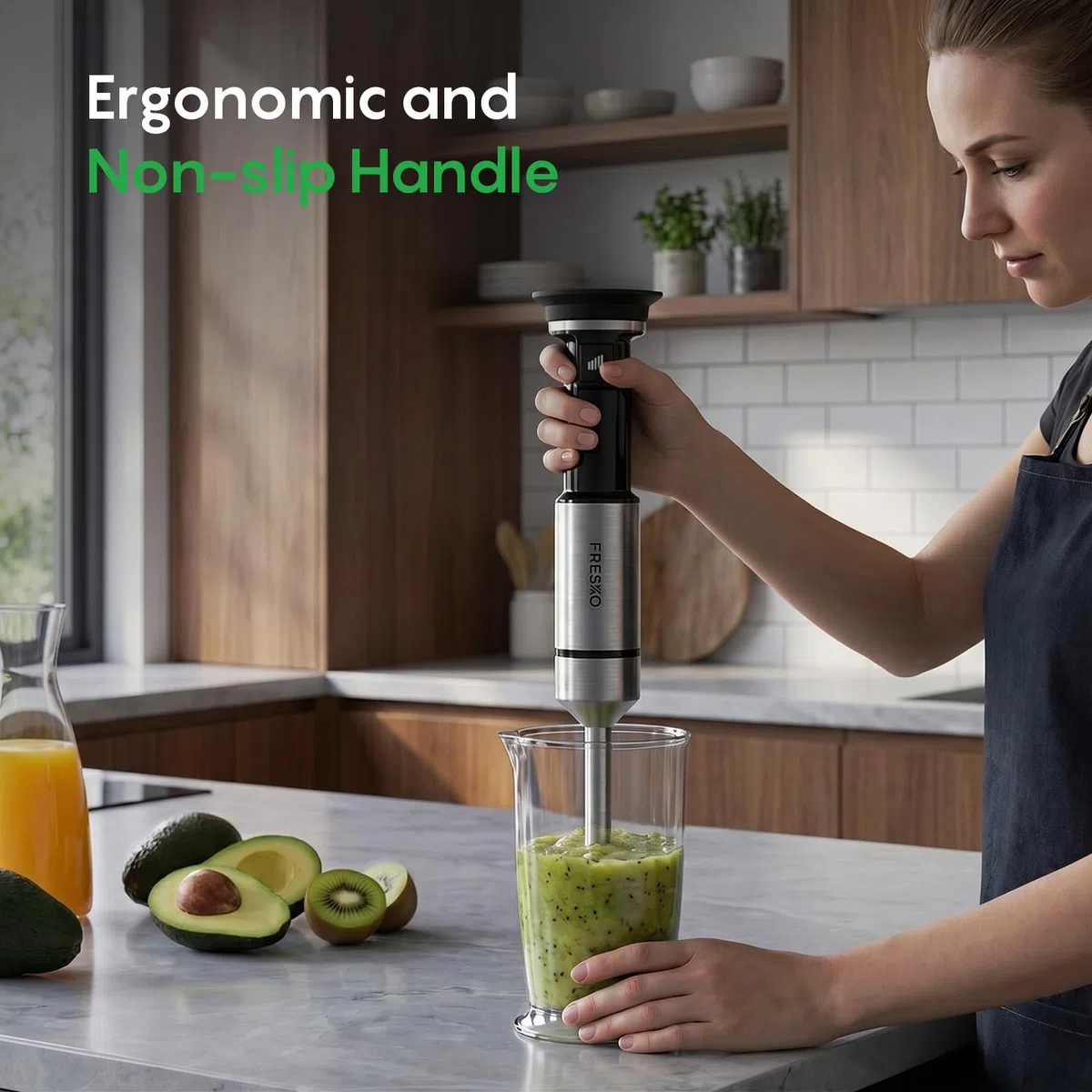 FRESKO Batidora de mano 1000W, Batidora de inmersión profesional con velocidad variable continua, 4 cuchillas de acero inoxidable, Antisalpicaduras, para sopas, batidos y papillas