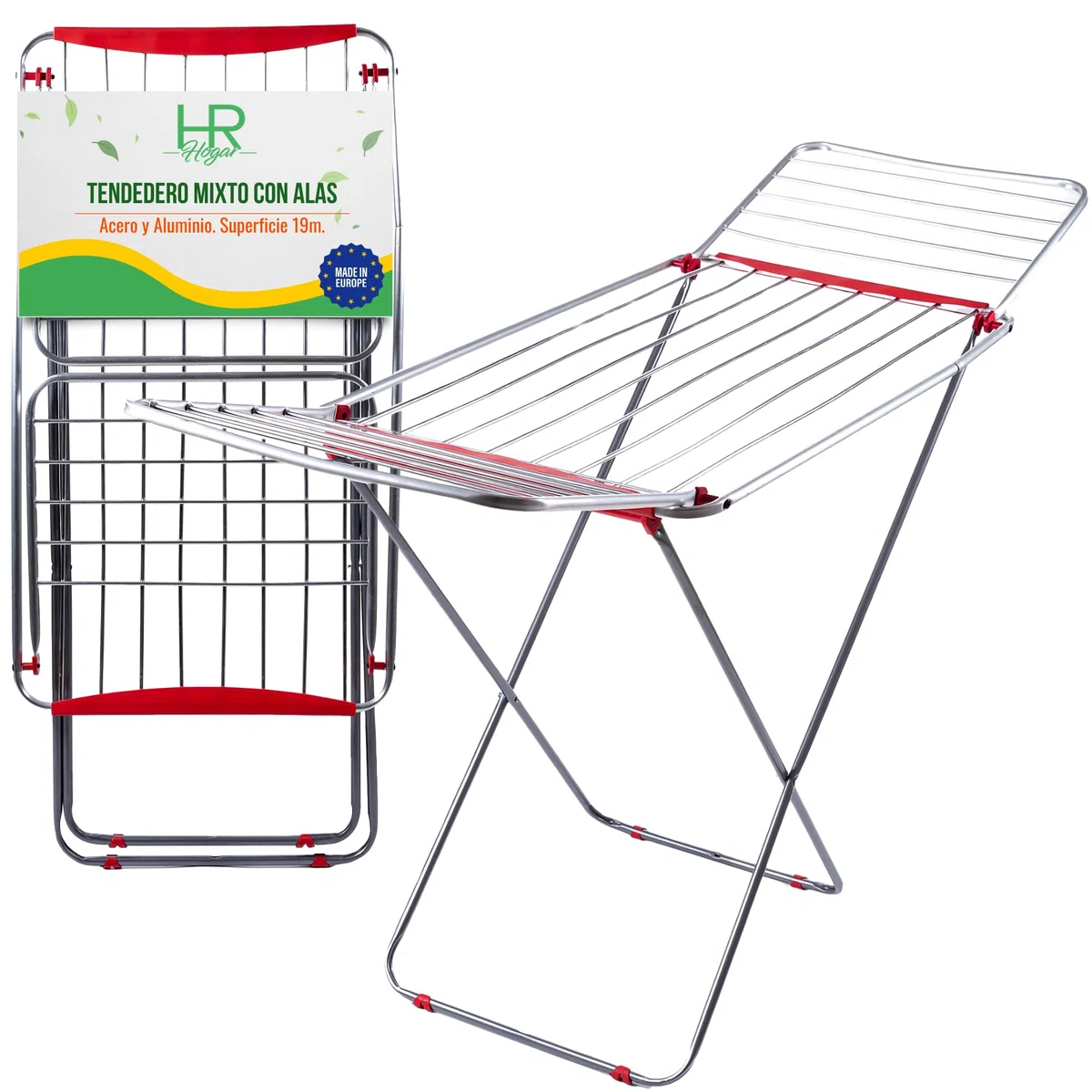 Tendedero de Ropa Plegable con Alas de Mezcla Acero y Aluminio Resistente para Interior y Exterior con Superficie de Tendido 19m - Ligero y Compacto con Fácil Plegado - Fabricado en Europa