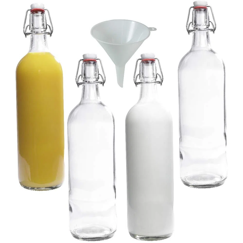 mikken Viva-Haushaltswaren - Juego de 4 botellas de cristal con cierre de clip (1 L, rellenables, incluye embudo de 12 cm de diámetro)