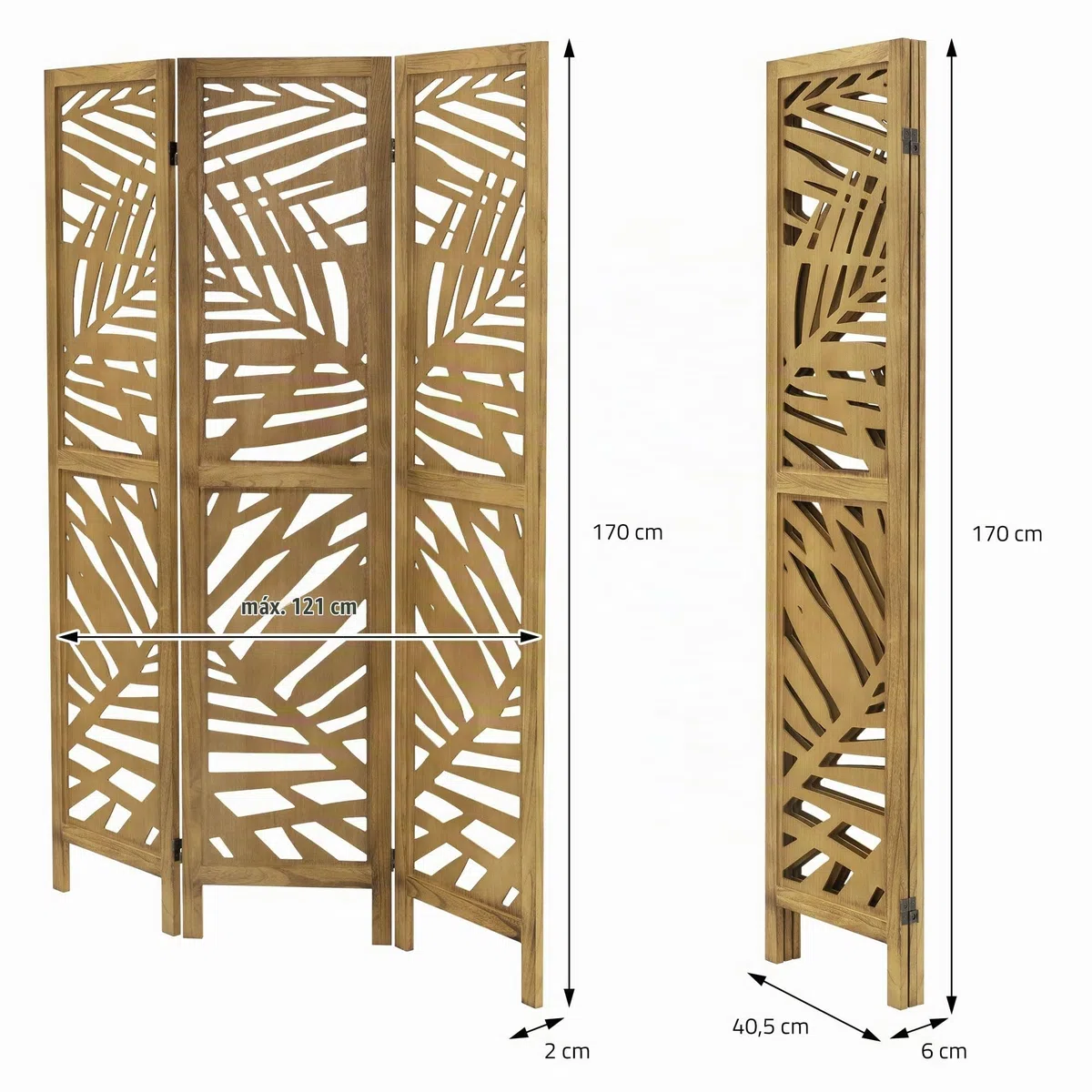 ML-Design Biombo Divisorio de 3 Paneles Modelo Kyoto de Madera Natural 170 x 121 cm, Separador de Ambientes Plegable para Interiores, Mampara Independiente para Vestuarios, Pantalla de Privacidad