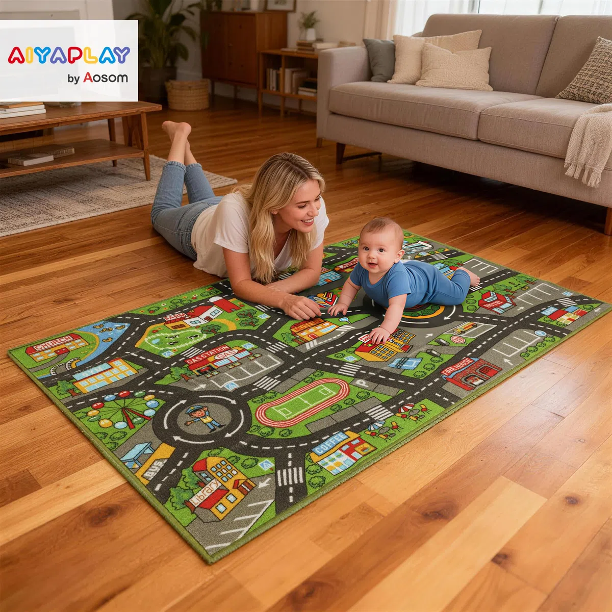 AIYAPLAY Alfombra Infantil, Carretera de Ciudad, 160x100 cm, Alfombra Educativa Antideslizante para Gateo y Jugar con Coches, para Salón y Dormitorio, Textura Suave