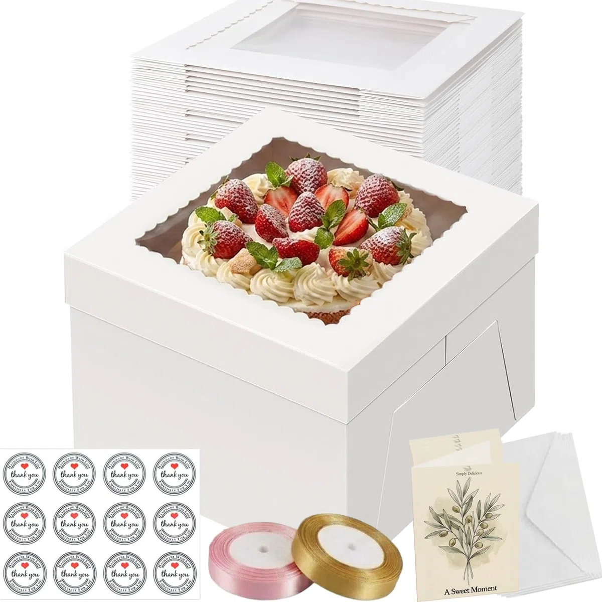 10 juegos de Cajas para Tartas, 30,5 x 30,5 x 20,3 cm Caja Tarta de Cartón Con Ventana Transparente y Bandeja,Recipiente para Tartas