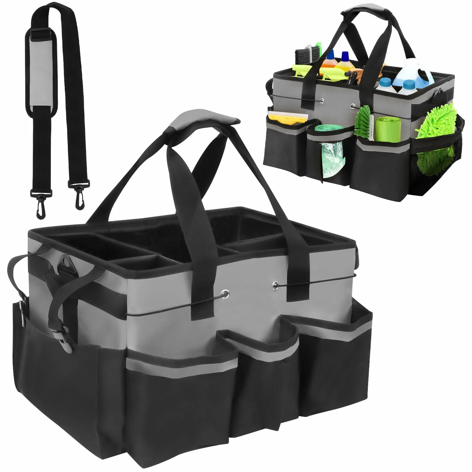 Organizador Caddy Limpieza Grande, Bolsa Limpieza Portátil con Asa y Correas, Carro limpieza con 5 Divisores Plegables, Multifunción Espesado Cesta de Herramientas para Casa, Coche, Jardín (gris)