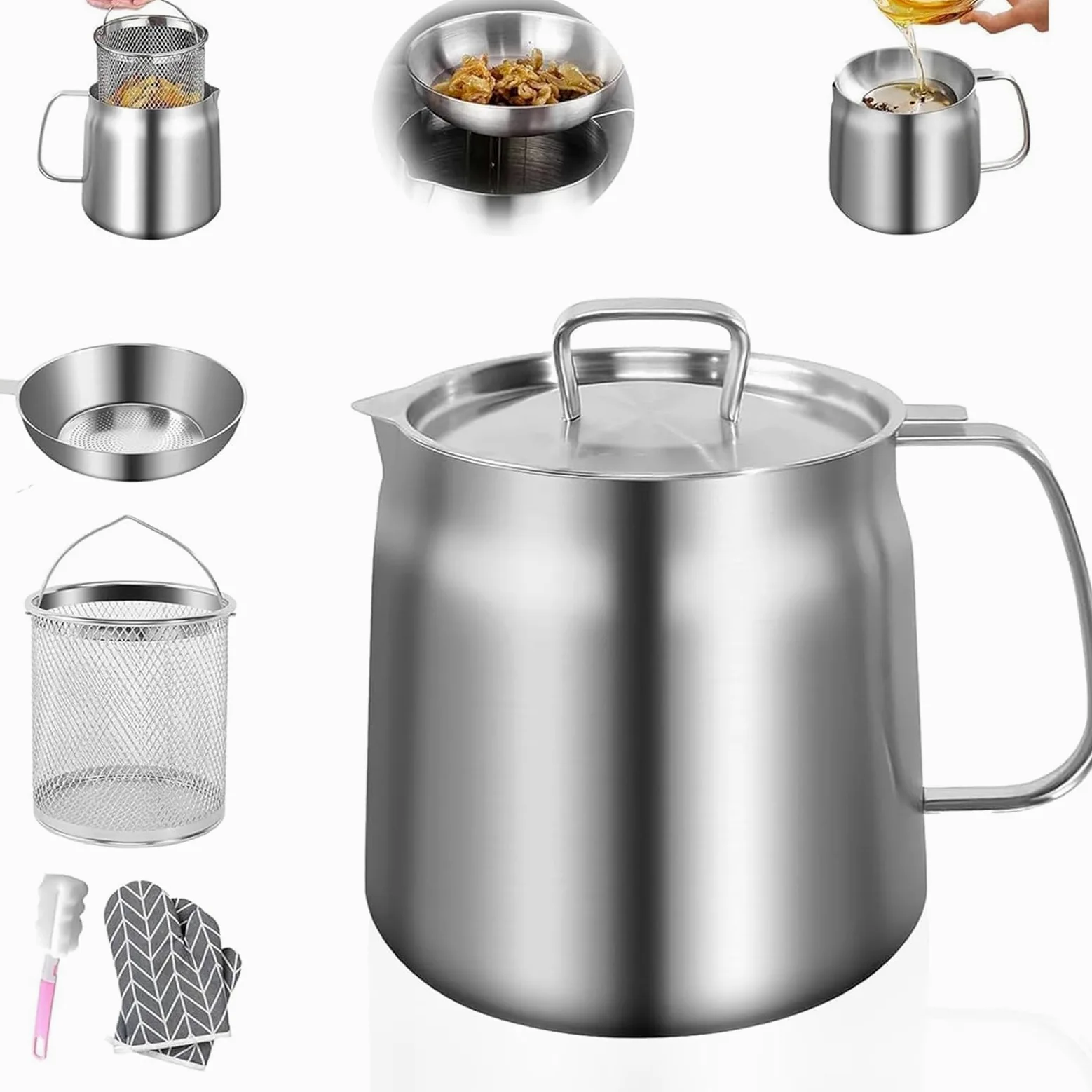 Colador de Aceite de Acero Inoxidable de 2 L, Botella de Grasa con Tapa Antipolvo, Filtro de Malla Fina, Guantes Aislantes y Cepillo Extraíble para Tazas – Filtro Multifunción para Cocina