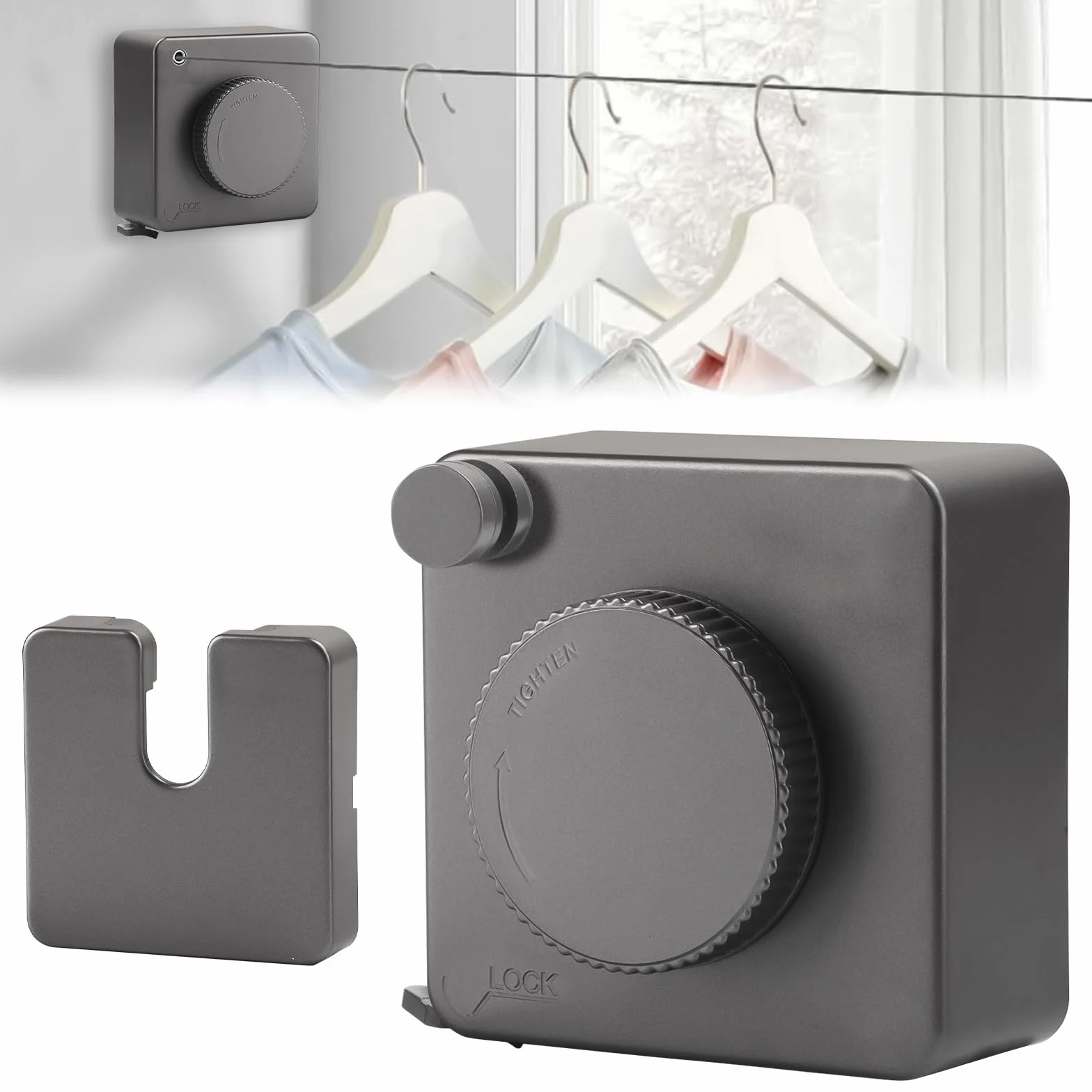 Qivine Tendedero Extensible Pared Exterior, 4,8M Tendedero Retractil Antihundimiento, Cuerda Retráctil de Acero Inoxidable, Sin Taladro o con Tornillos, para Balcón, Baño, Jardín (Gris)