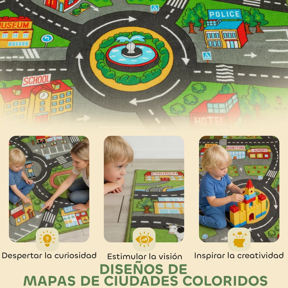 AIYAPLAY Alfombra Infantil, Carretera de Ciudad, 160x100 cm, Alfombra Educativa Antideslizante para Gateo y Jugar con Coches, para Salón y Dormitorio, Textura Suave