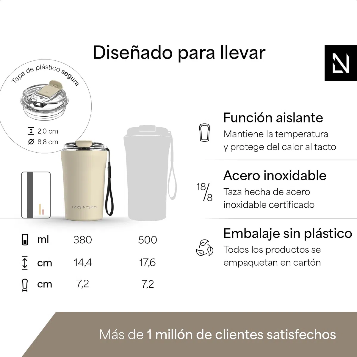 LARS NYSØM Taza térmica café para llevar con correa y Tapa Tritan | Termo Café de 0,38 litros con aislante | Travel mug de acero inoxidable a prueba de fugas (Almond Beige, 380ml)