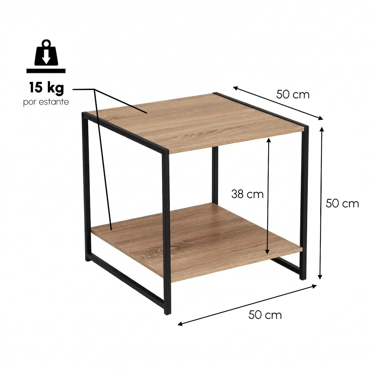 LOLAhome - Mesa Auxiliar Urban Metal Negro y Tablero Natural de 50x50x50 cm. Mesita de Salón Cuadrada con Estante Inferior Ideal Junto al Sofá para Almacenaje. Soporta 30kg