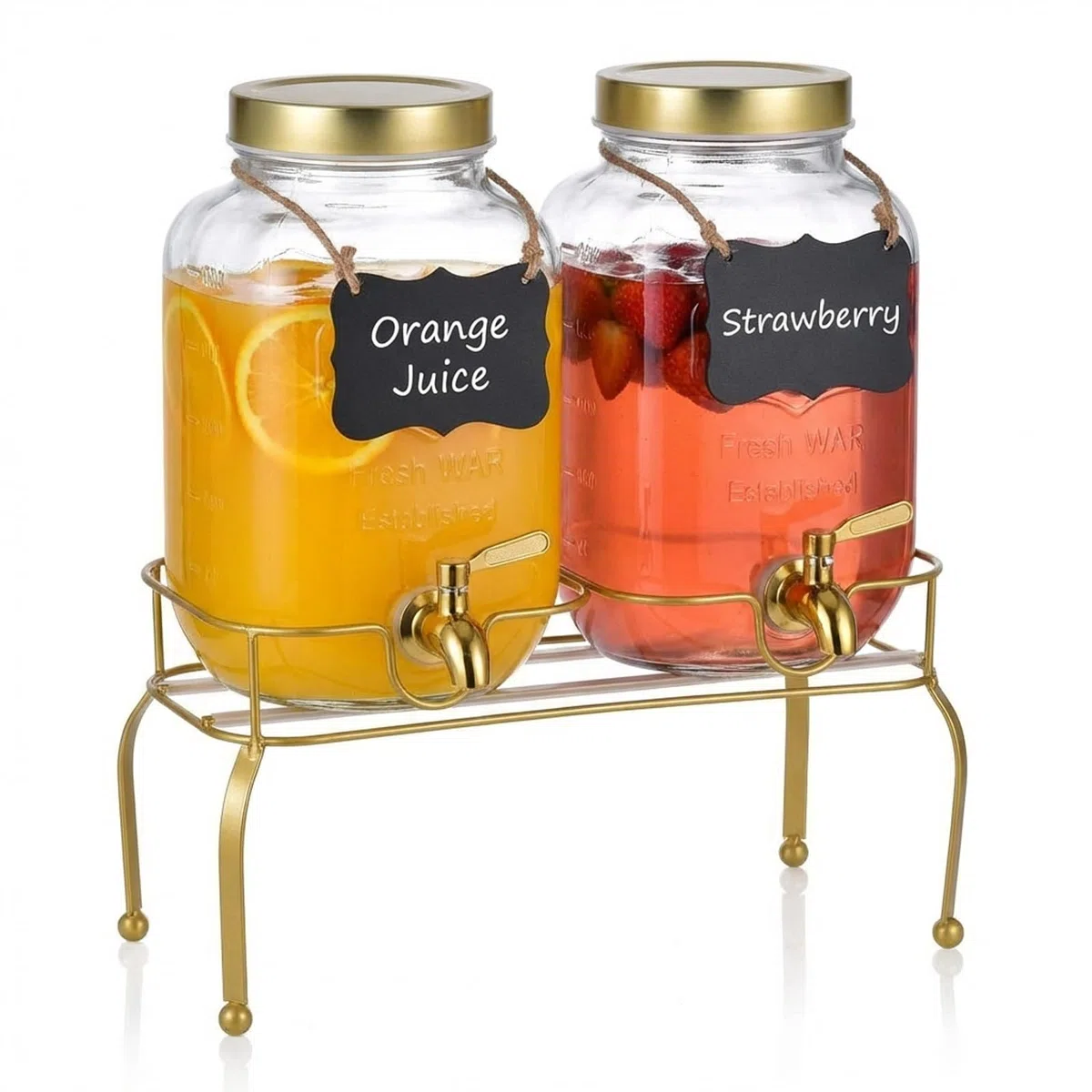 Juego de 2 dispensadores de bebidas de vidrio de 1 galón, dispensadores de bebidas para fiestas, dispensador de bebidas con soporte y espiga 100% a prueba de fugas, ideal para limonada, jugo