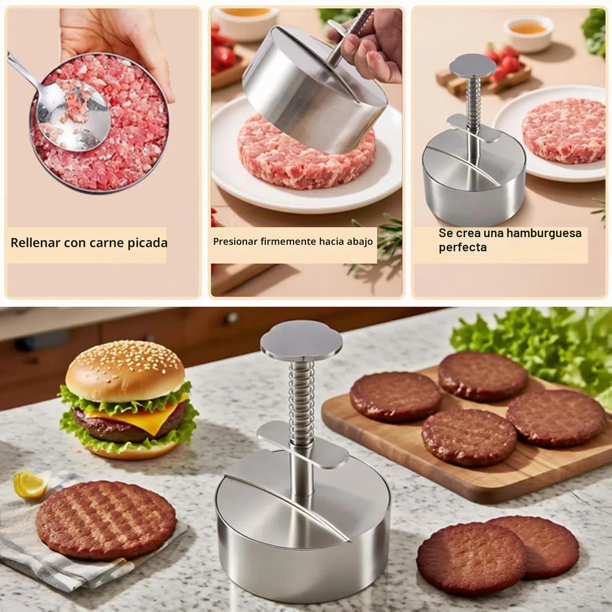 Aplastador de Hamburguesas & Kit Smash Burger de Acero Inoxidable, Calidad Alimentaria 304, Prensa Ajustable y Antiadherente, también como Sartén Mini para Hogar, Camping y BBQ