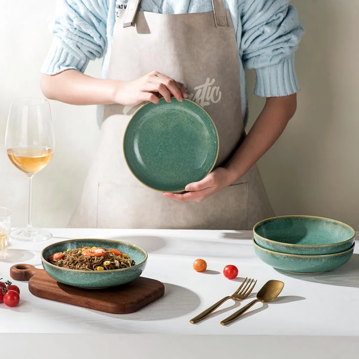 HENXFEN LEAD cuencos para pasta, sopera de cerámica de 740 ml, juego de 4 ensaladeras de porcelana, verde brillante