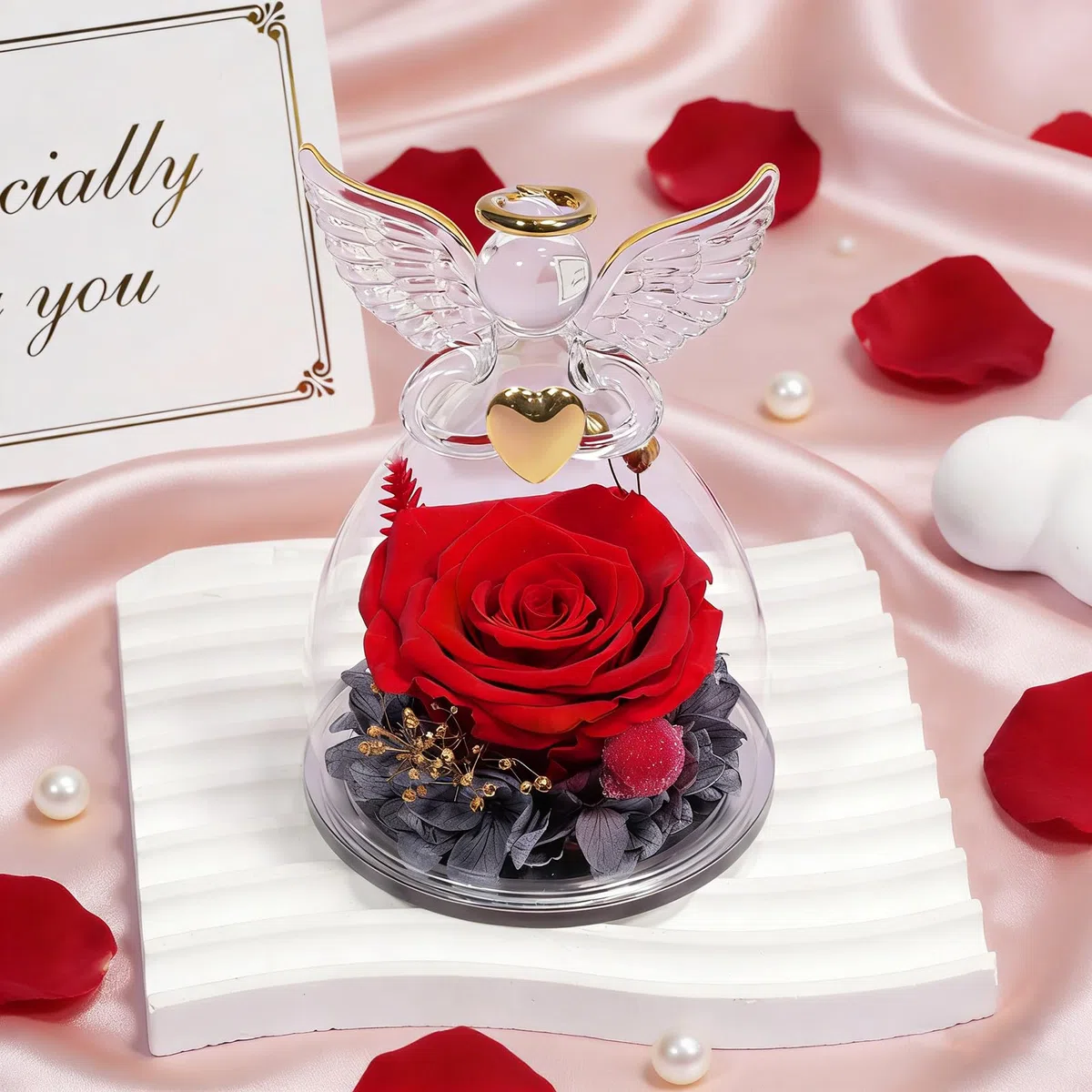 Yamonic Rosa Eterna Regalo Mujer,Rosa Eterna Natural Preservada con Figura Ángel Regalo para Mama, Flores Preservadas Regalos Cumpleaños Mujer Abuela,Regalos Originales Navidad Dia de la Madre