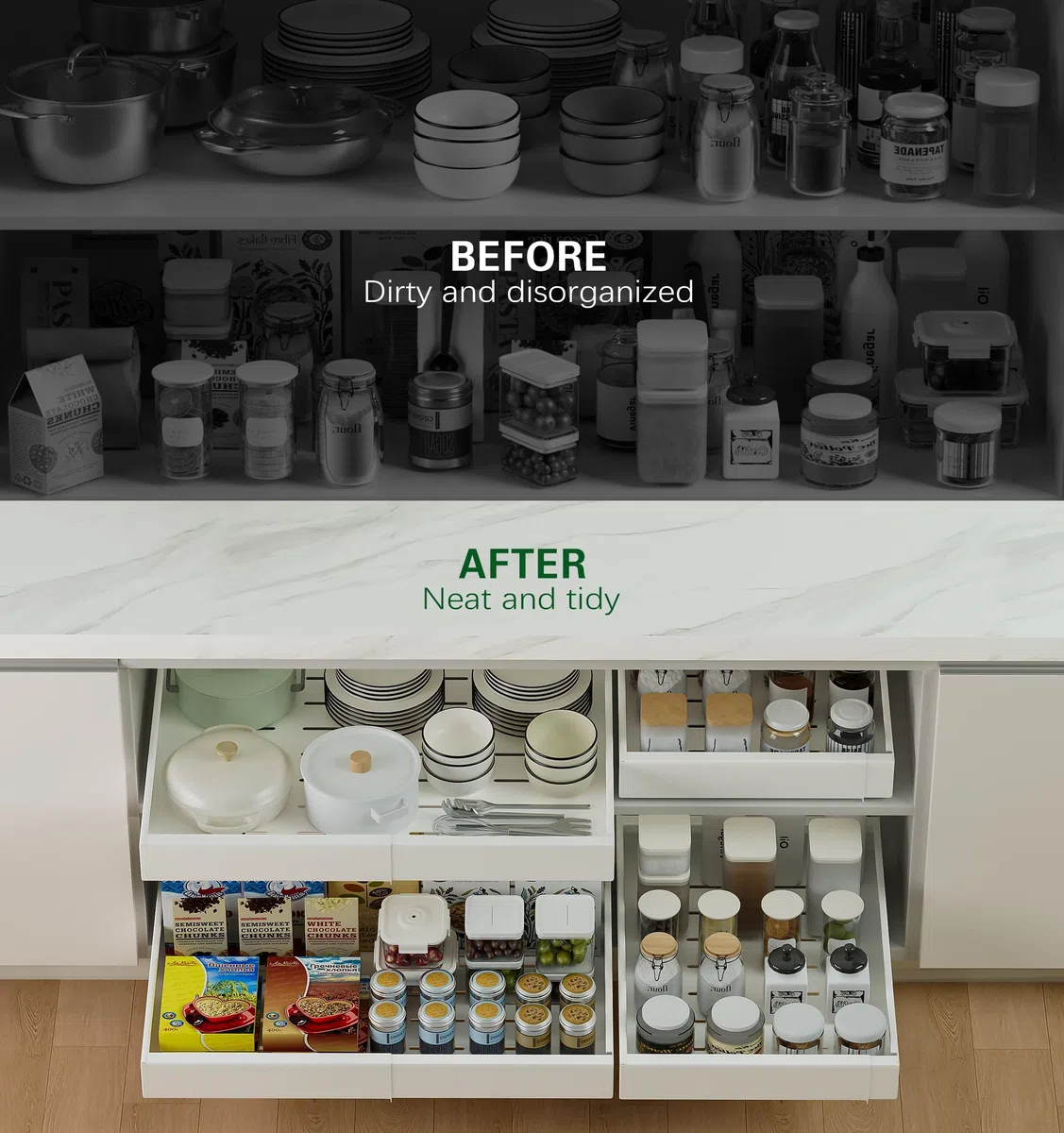 Cajones Extraibles Para Cocina 1 Pack, Cajon Telescopico Adhesivo No Es Necesario Taladrar, Anchura Ajustable Cajones Deslizantes Para Cocina, Organizador Armario Cocina(Blanco 32-50cm)