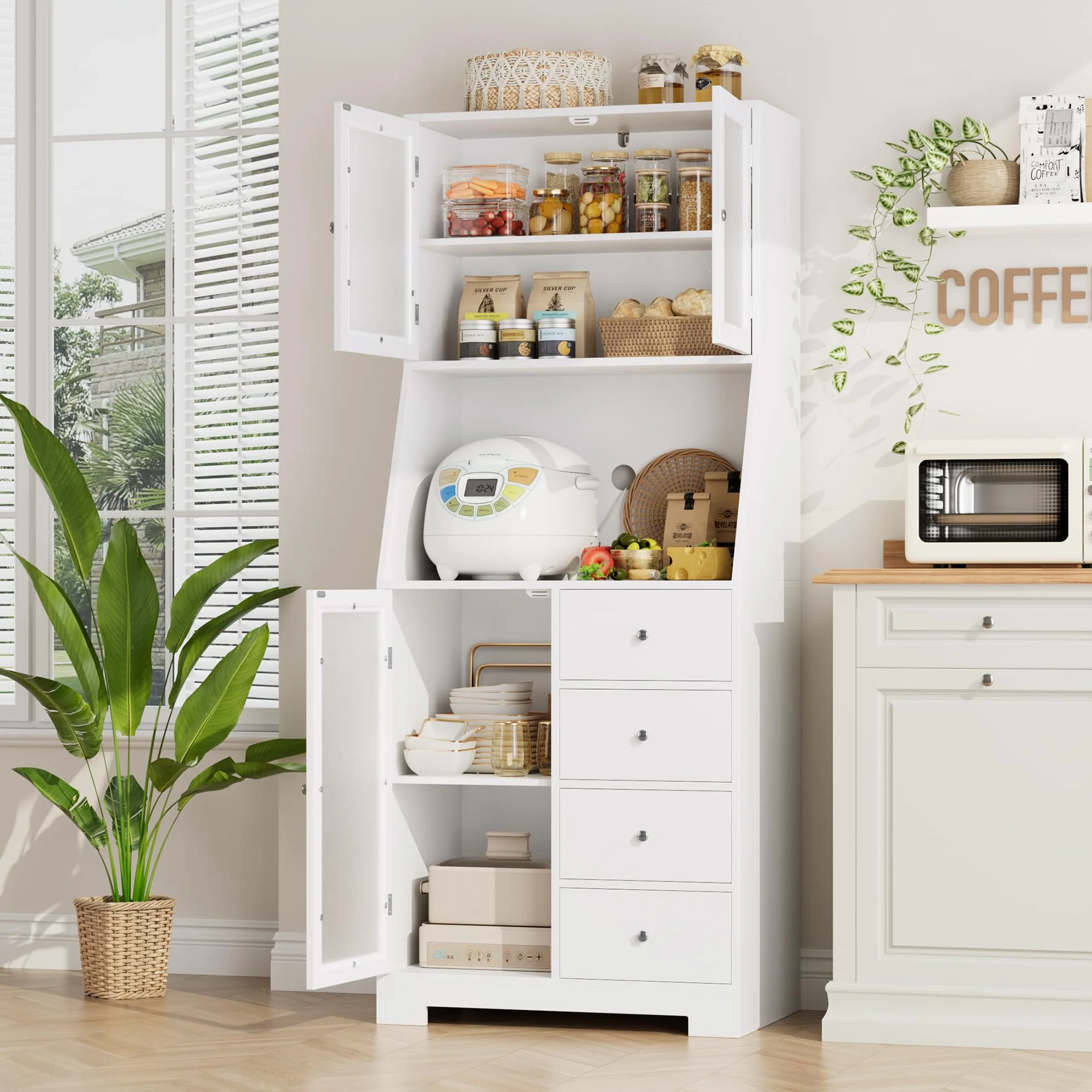 HOCSOK Alacena de Cocina con Encimera, Armario de Almacenamiento Alto con 3 Puertas y 4 Cajones para Salón, Comedor y Bar, Estilo Moderno, Blanco