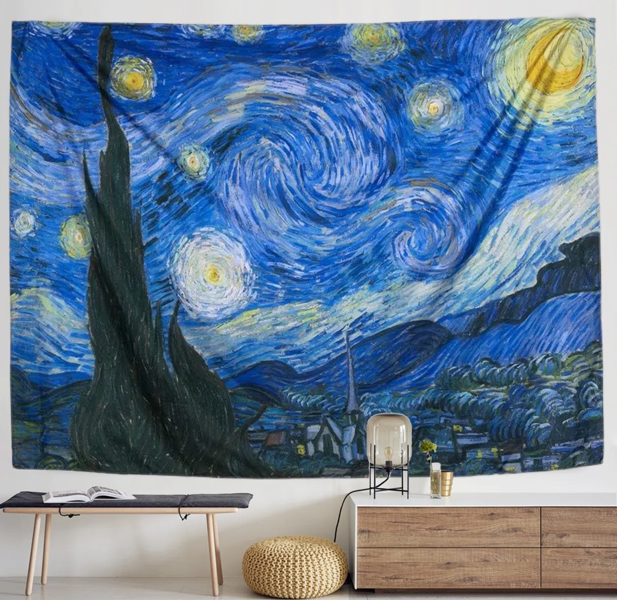 IcosaMro Tapiz de noche estrellada para colgar en la pared, tapiz de pared de Van Gogh Art [60 x 82.7 pulgadas] [dobladillos doblados] - Mantel de manta de estrella para dormitorio, universidad, sala