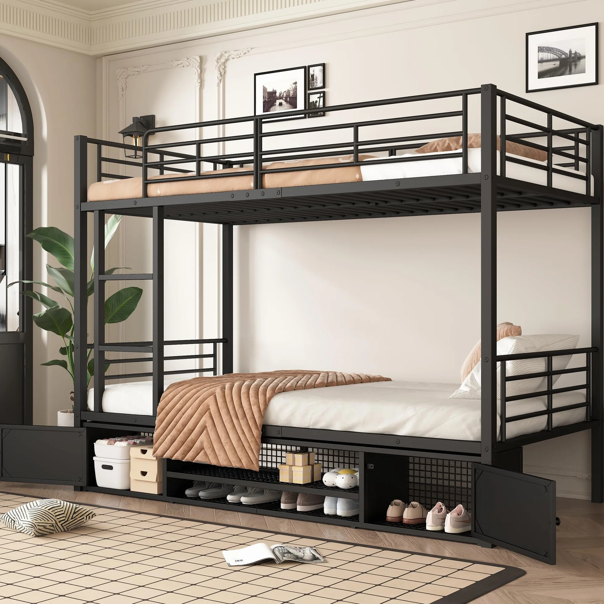 Lubvtti Litera con estructura de hierro 90 x 200 cm, zapatero abierto y pequeño armario de dos puertas, con escalera lateral y red de protección, negro (colchón no incluido)