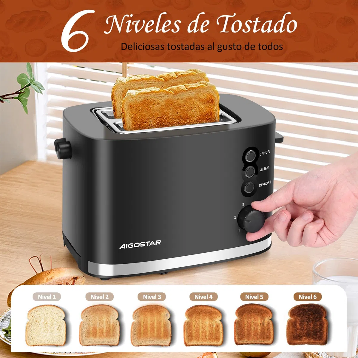 Aigostar Energy - Tostadora de 2 Ranuras con Rejilla Calientabollos Incorporada, Ranuras Extra Anchas, 6 Niveles de Tostado, 3 Funciones, Descongelación, Bandeja Recogemigas, Libre de BPA, Negro