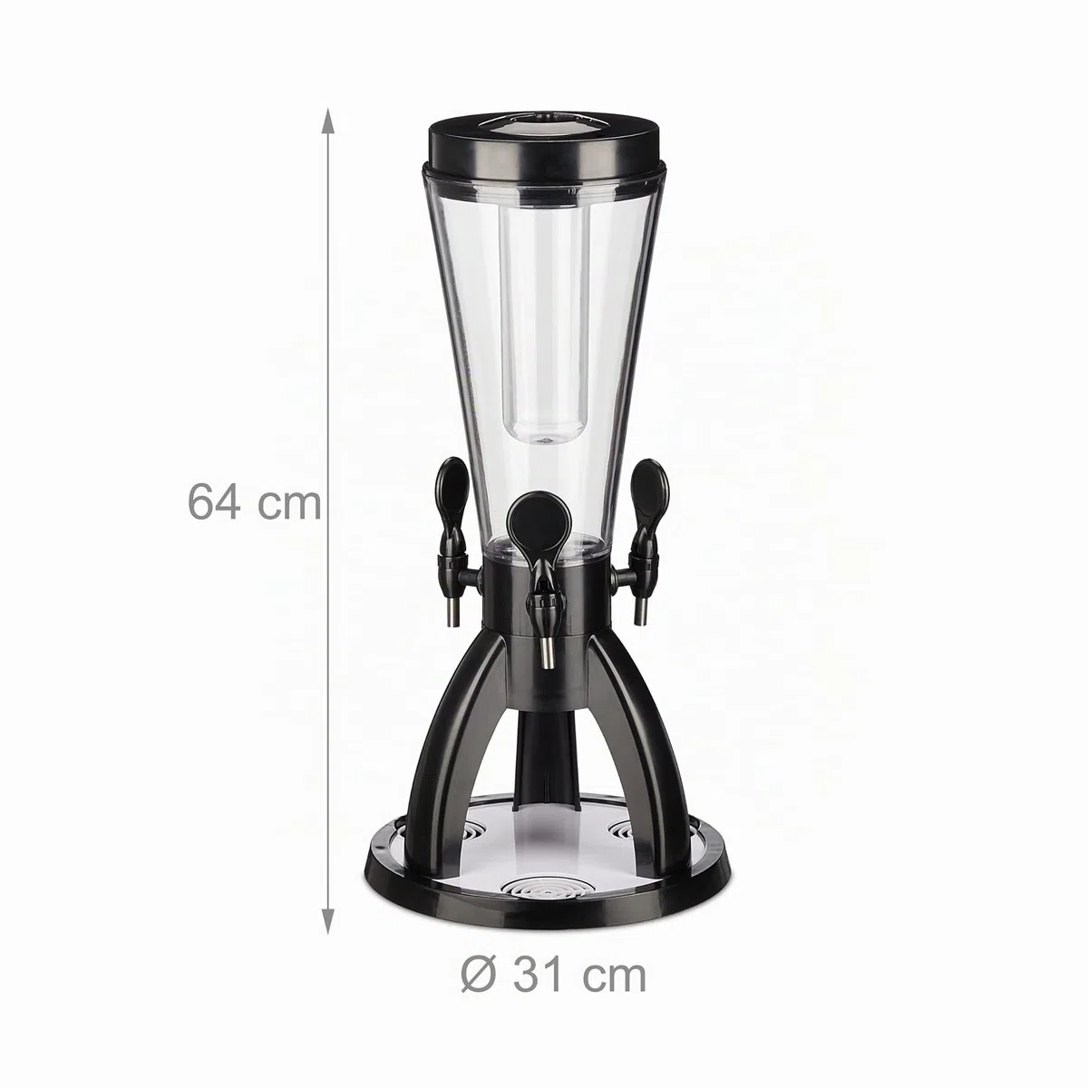 Relaxdays Torre de Cerveza con 3 Grifos, 4 L, Dispensador de Bebidas con Enfriador, Beer Tower, Transparente y Negro