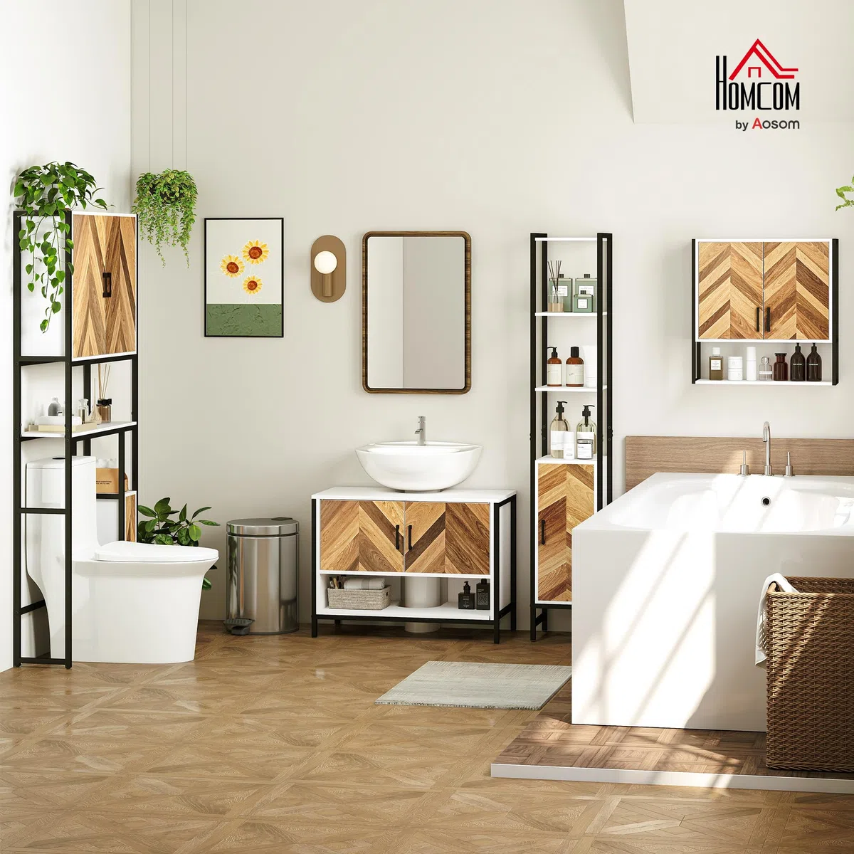HOMCOM Armario de Pared para Baño Multiusos 59x20x60 cm Multicolor | Mueble de Baño Suspendido, Armario Colgante de Almacenamiento, con 2 Puertas, Estante Ajustable, Estante Abierto