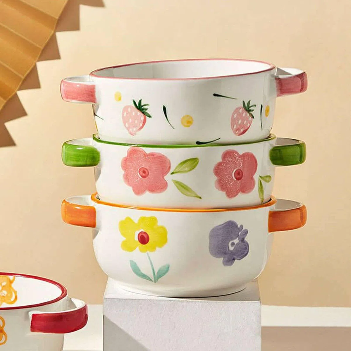 Tazón de sopa de cerámica con asas, diseño floral pintado a mano, apto for microondas y lavavajillas, for sopa, cereales, pasta y ensaladas(Orange)