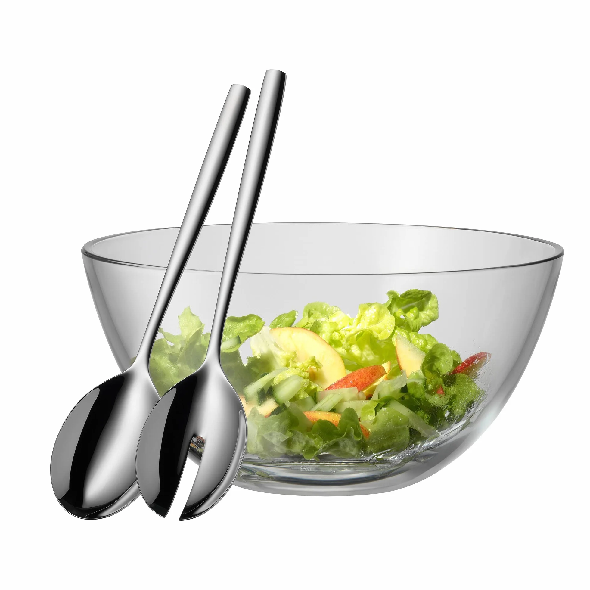 WMF Taverno - Juego de ensalada de 3 piezas, cubiertos de ensalada de acero inoxidable de 25 cm con ensaladera, cuenco redondo de 23,5 cm, ensaladera de cristal, apto para lavavajillas