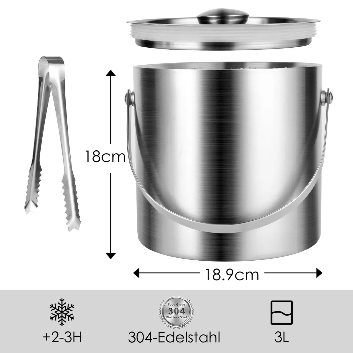 Cubiteras Acero Inoxidable de 3L,pinzas y colador, mantiene el hielo congelado para cócteles y fiestas