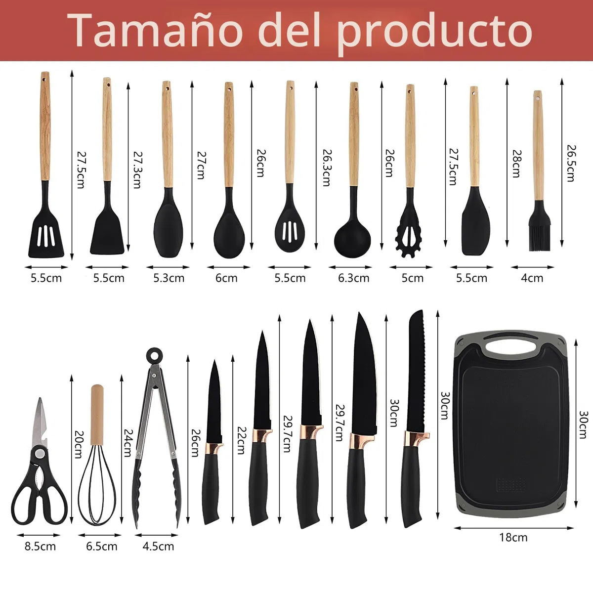Juego de Cuchillos de Cocina de 19 Piezas, Juego de Utensilios de Cocina de Silicona, Incluye Cinco Cuchillos y una Tabla de Cortar, con Caja de Almacenamiento (Negro)