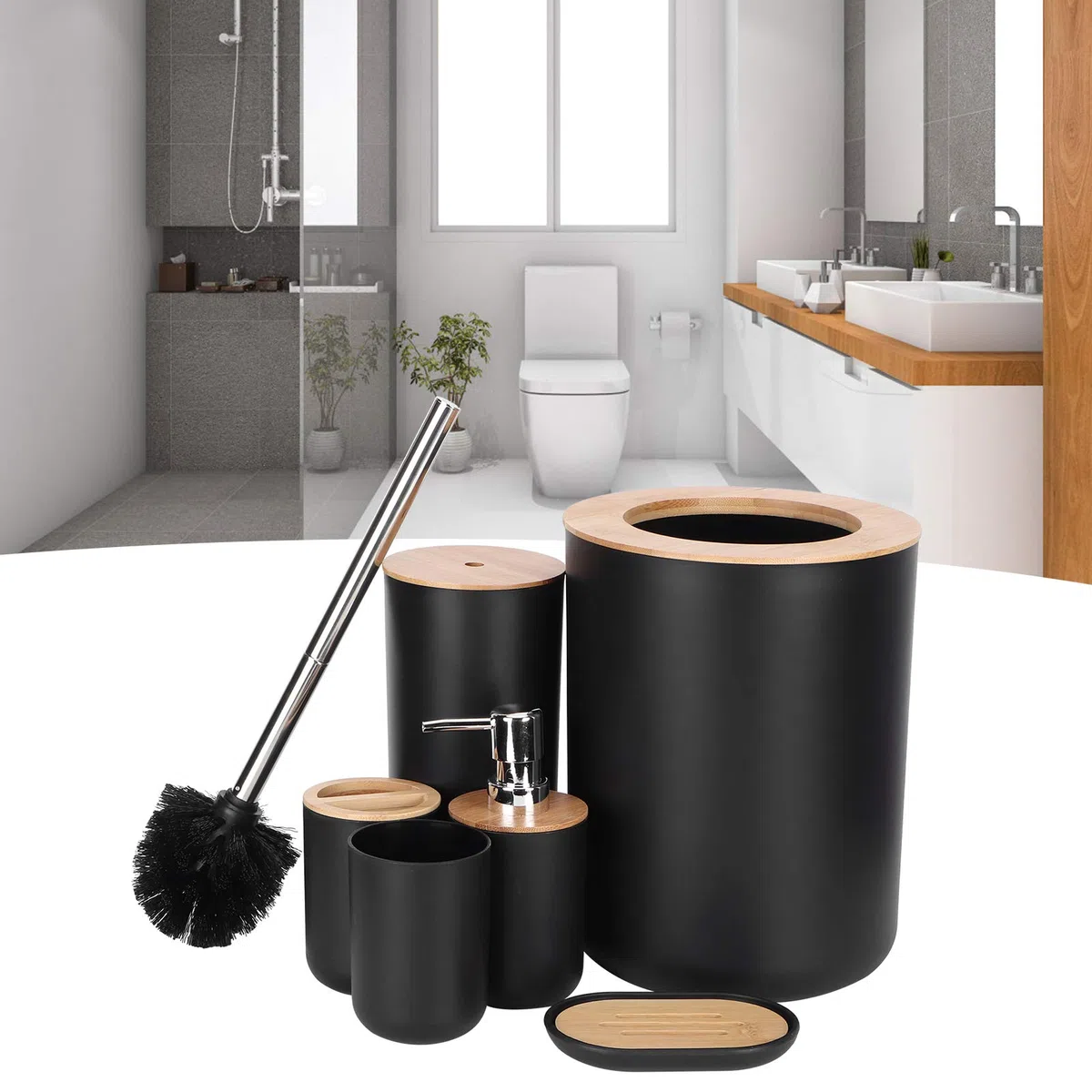 Juego de accesorios de baño de bambú, kit de limpieza de 6 piezas, soporte para cepillo de dientes, dispensador de jabón, jabonera, taza, cepillo de inodoro para decoración elegante del hogar