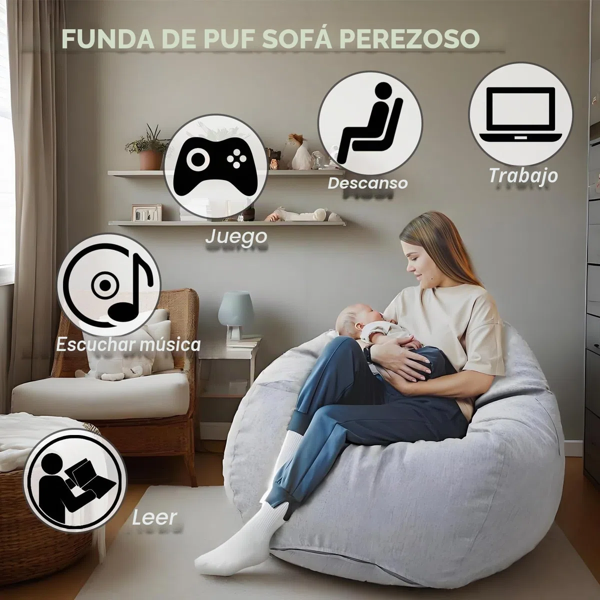 Saco de Asiento para Niños y Adultos - Funda de Saco de Asiento sin Relleno, con Cremallera, 100 x 120 cm, Puf para Dormitorio, Oficina, Salón, Terraza