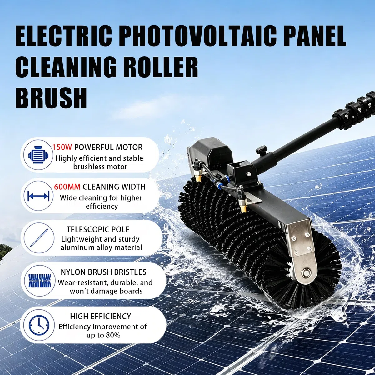 Palo Telescópico para Limpieza de Paneles Solares – 350rpm, Cepillo rotativo 60cm, 10m alimentación+Agua, asta Aluminio, Nylon HD – para Placas fotovoltaicas 7.5m-Oneset