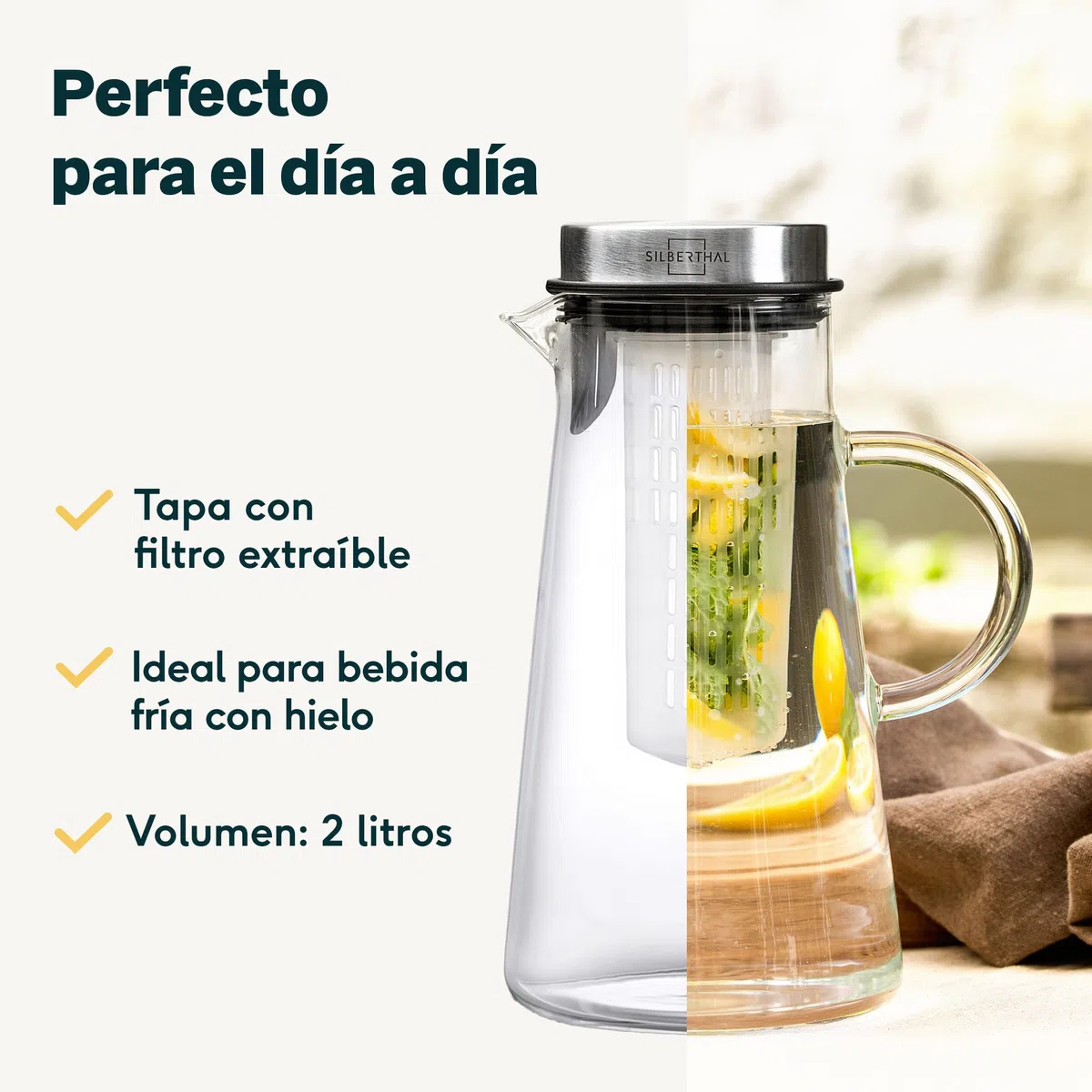 SILBERTHAL Jarra 2 litros cristal y acero inoxidable - Jarra sangria - Trasparente con asa y tapa