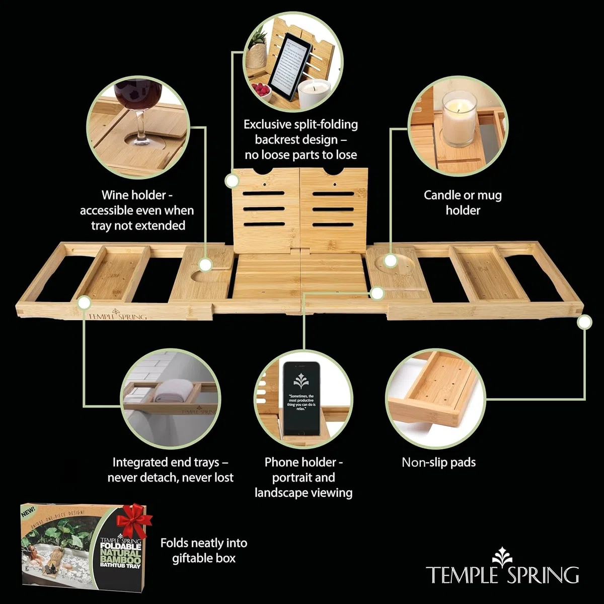 Temple Spring Diseño Único Estante Baño, Bambu Bandeja Baño Plegable, Bandeja Bañera Extensible, Accesorios Bañera – Natural