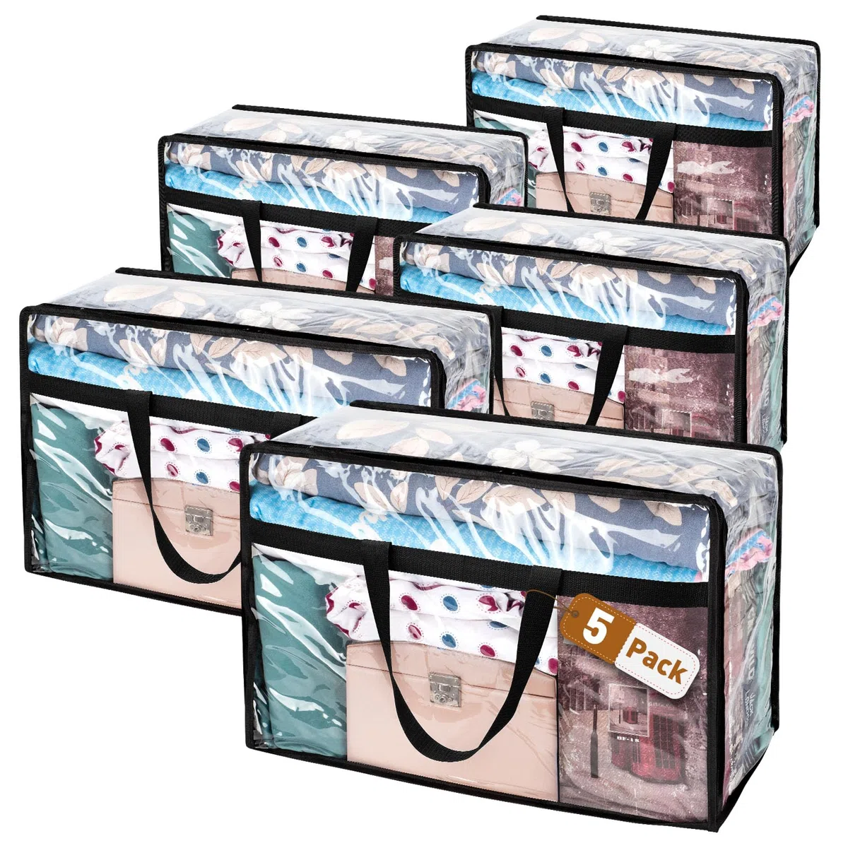 Conjunto de 5 Bolsas de Almacenamiento Transparentes para Ropa, Grandes Cajas de Almacenamiento bajo la Cama con Tapa, Bolsas de Plástico con Cierres para Ropa, Edredones, Mantas