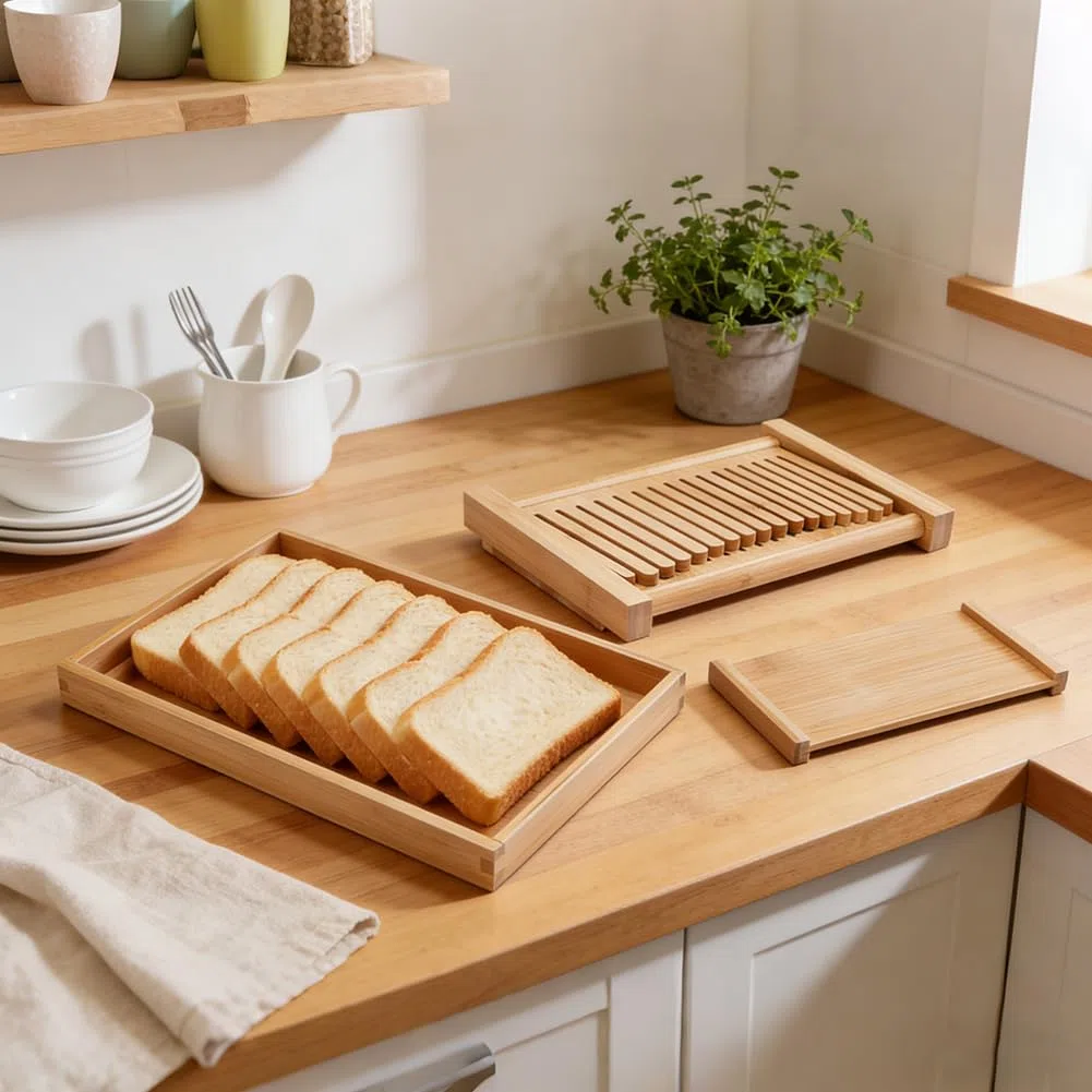 UNICRAFTALE Cortador de pan de bambú ajustable con bandeja para migas, cortador de pan de 31,7 x 21,6 x 17 cm para guía de cortador casero para masa madre, bagels, pasteles, panes, utensilios de