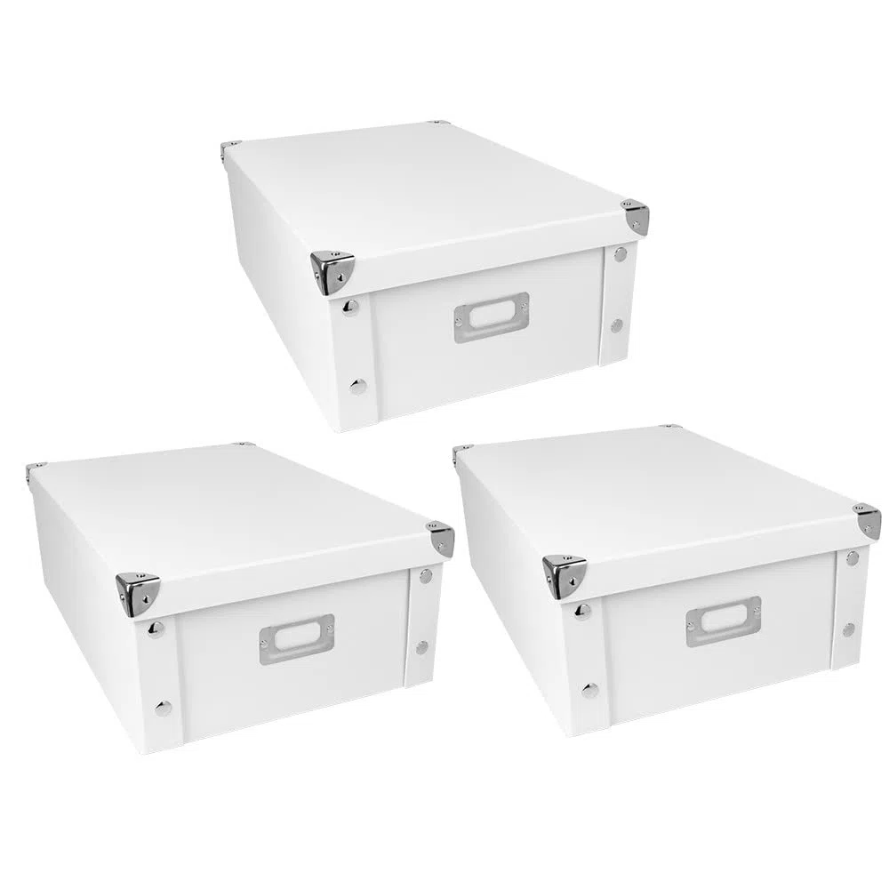 Ideen mit Herz Cajas organizadoras, juego de 3 unidades, caja de almacenamiento con tapa, plegable, de cartón y metal, 16 litros, cada una de 40,5 x 28 x 14,5 cm, color blanco