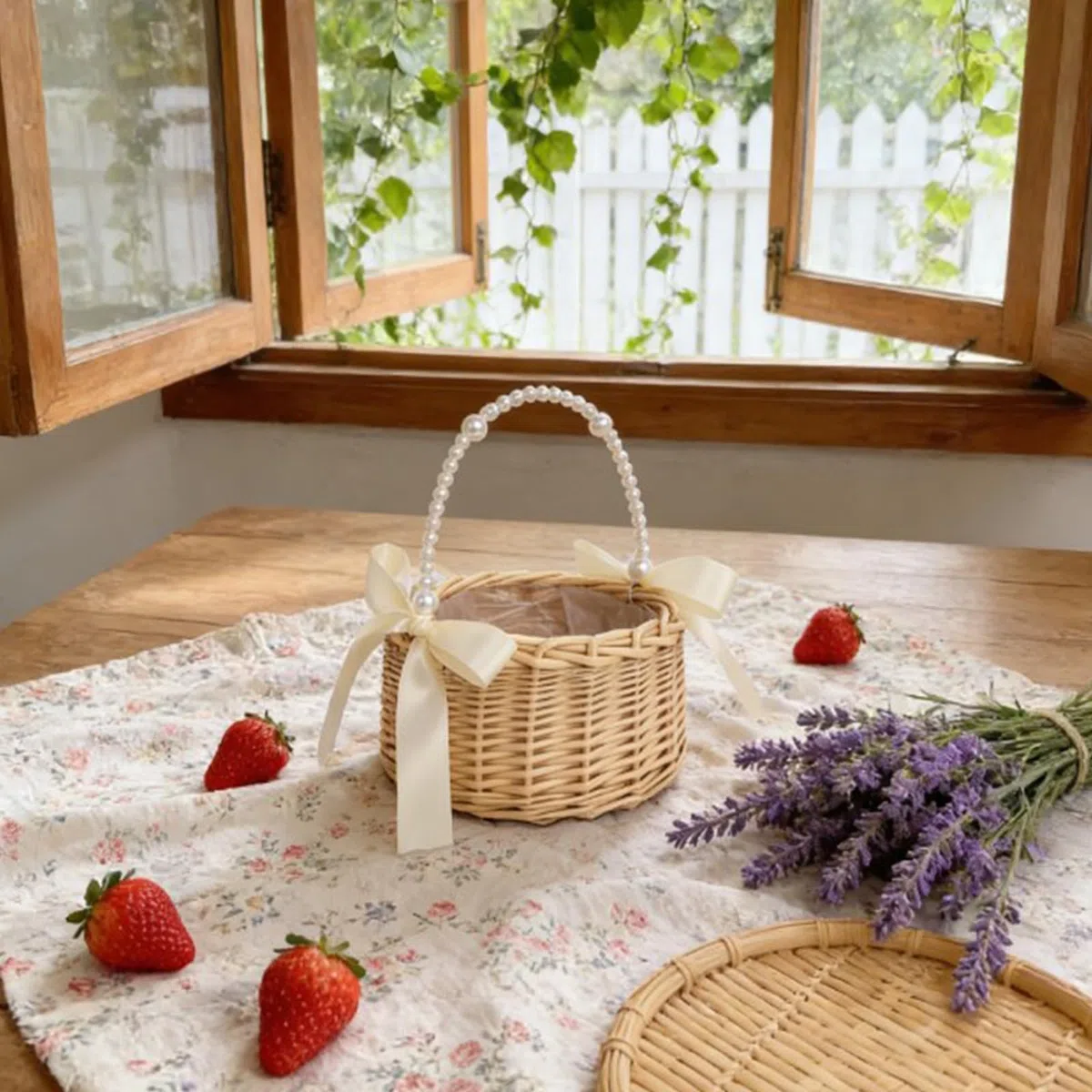 2 piezas de mimbre ratán niña cesta de flores con asa y lazo Cestas de flores para niña de l Cestas de mimbre para la boda cesta de dispersión (A)