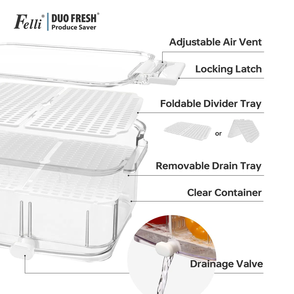 Felli Duo Fresh - Contenedor de frutas y verduras con ventilación y drenaje en la parte inferior para lavado, colador colador para refrigerador, recipiente de lechuga y bayas