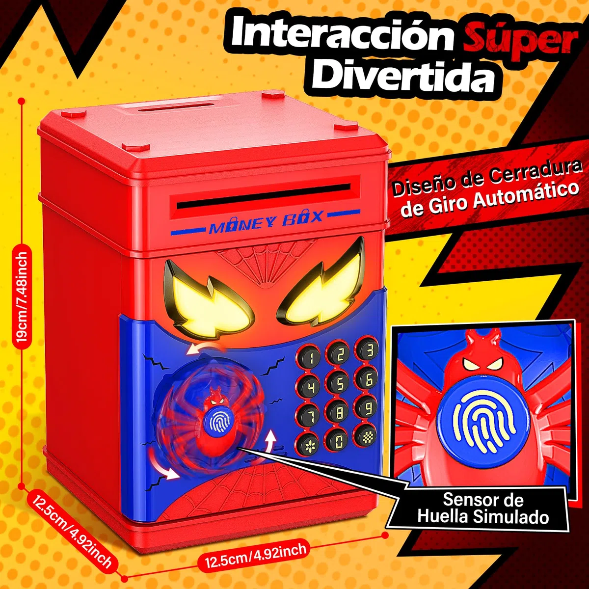 Hucha Infantil - Caja Fuente Niños, Spider Hucha Electronica con Huella Digital y Código, Hucha Cajero Automático con Succión de Billetes, Regalo Niño Niña 3 4 5 6 7 8 10 12 Años