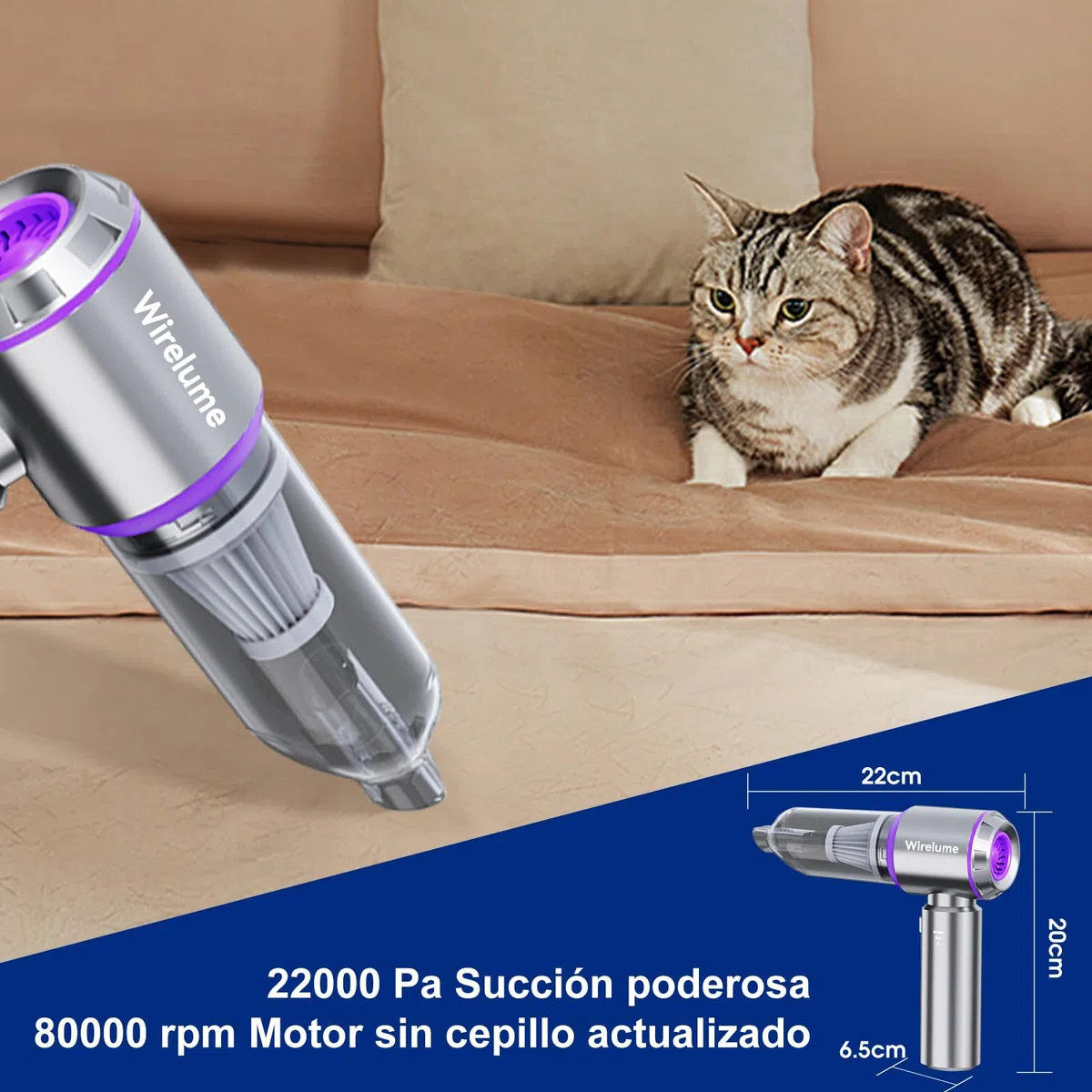 Aspirador de Mano para Coche inalámbrica Potente 22000 Pa succión ciclónica Fuerte Motor Mini pequeña de Mesa sin escobillas portátil Recargable Ligera para Pelo de Mascotas, vehículo, hogar