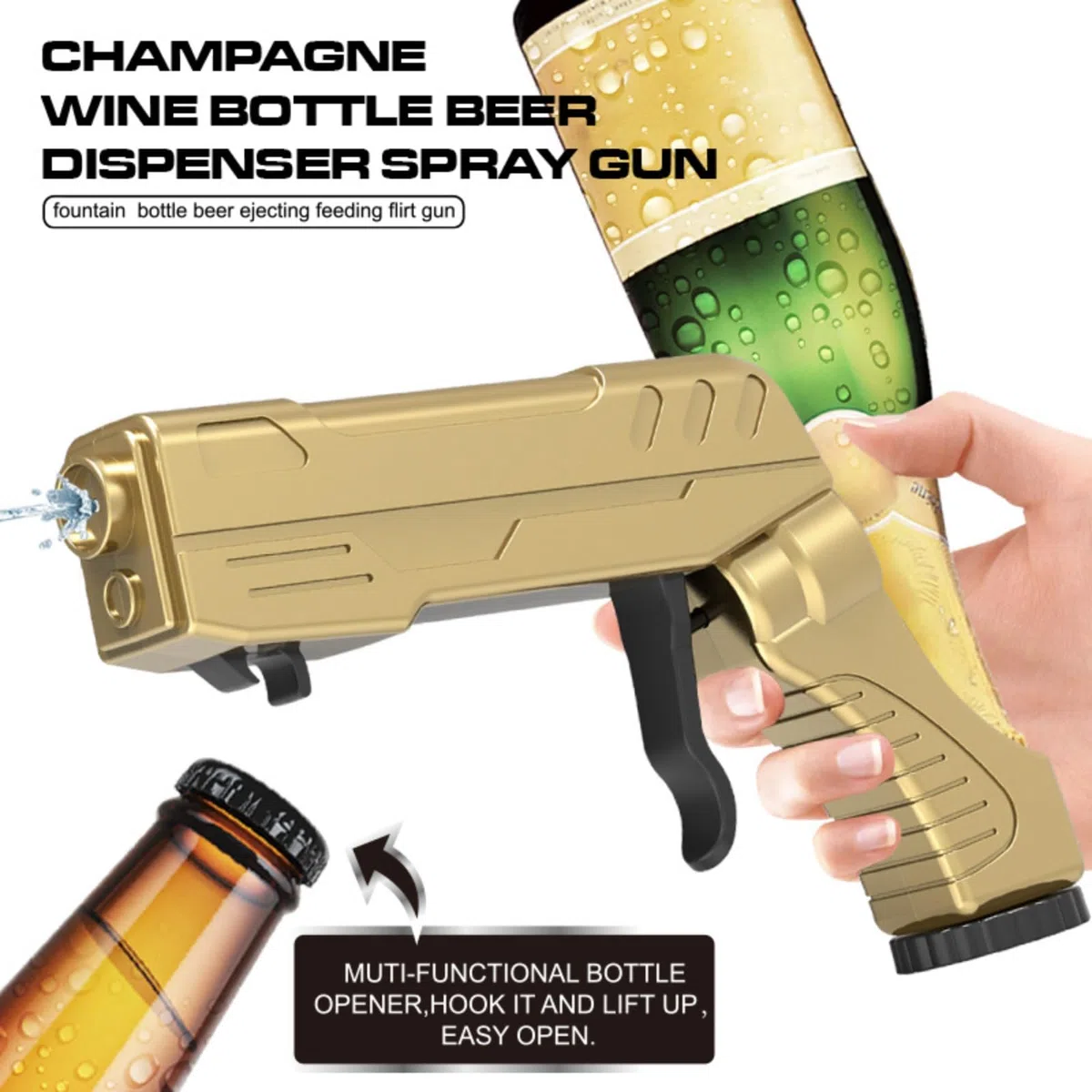 Pistola rociadora de metal para champán y cerveza con abridor de botellas: pistola rociadora versátil para vino, cerveza y champán en fiestas, junto a la piscina, playa, bares y bodas.