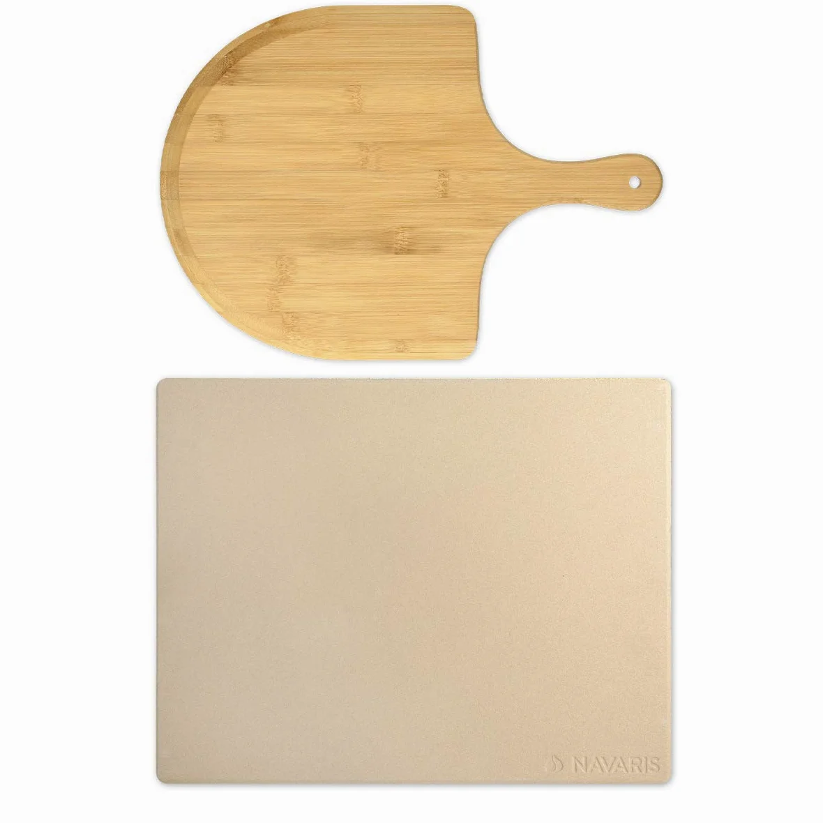 Navaris Set de piedra y pala para pizza - Piedra para horno de cordierita y pala de bambú - Bandeja para parrilla barbacoa y grill de 38 x 30 CM