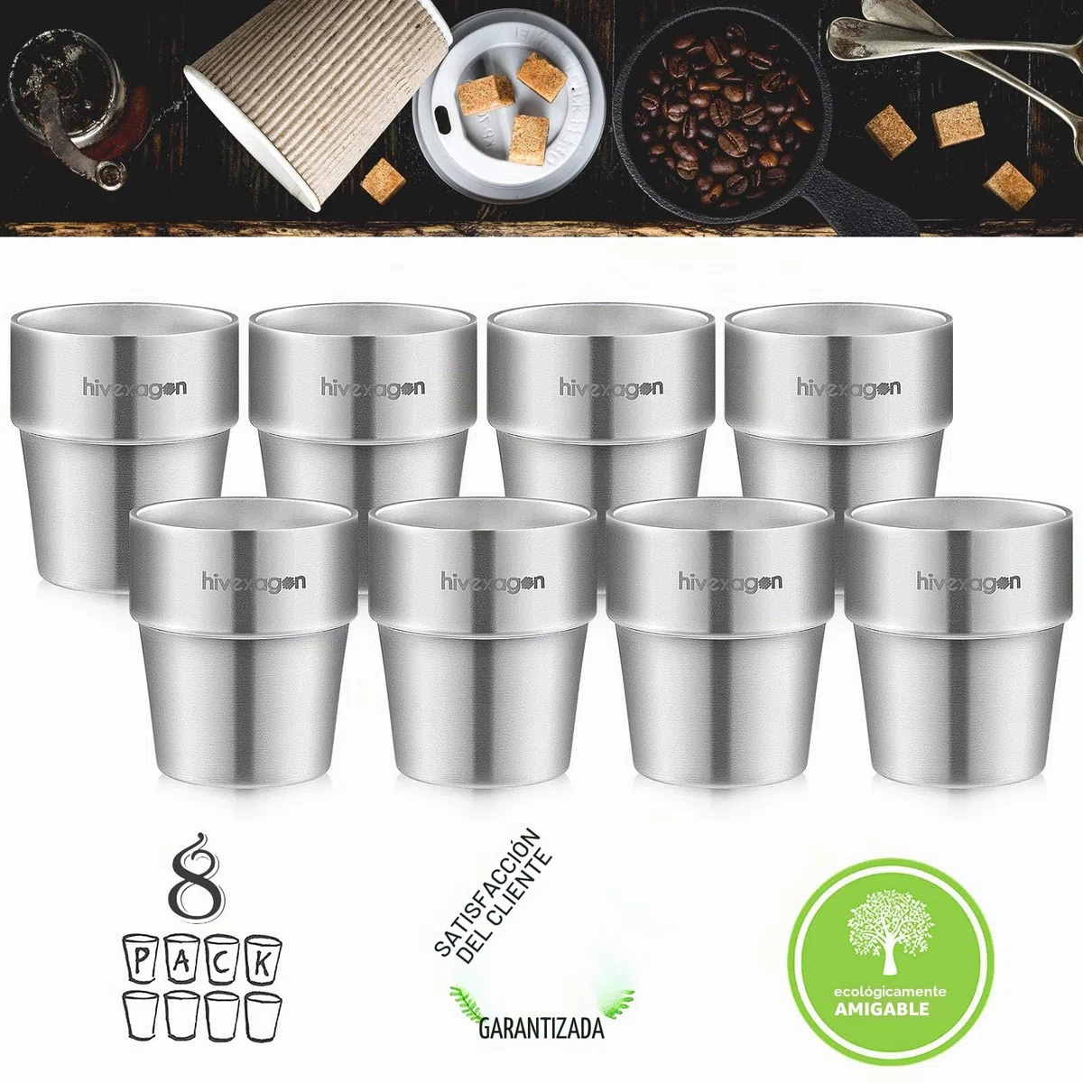 Hivexagon Vasos de Cerveza de Acero Juego de 8 Tazas de Doble Pared de Acero Inoxidable de 300 ml - Perfecto para Bebidas Frías - Apto para Lavavajillas HG298