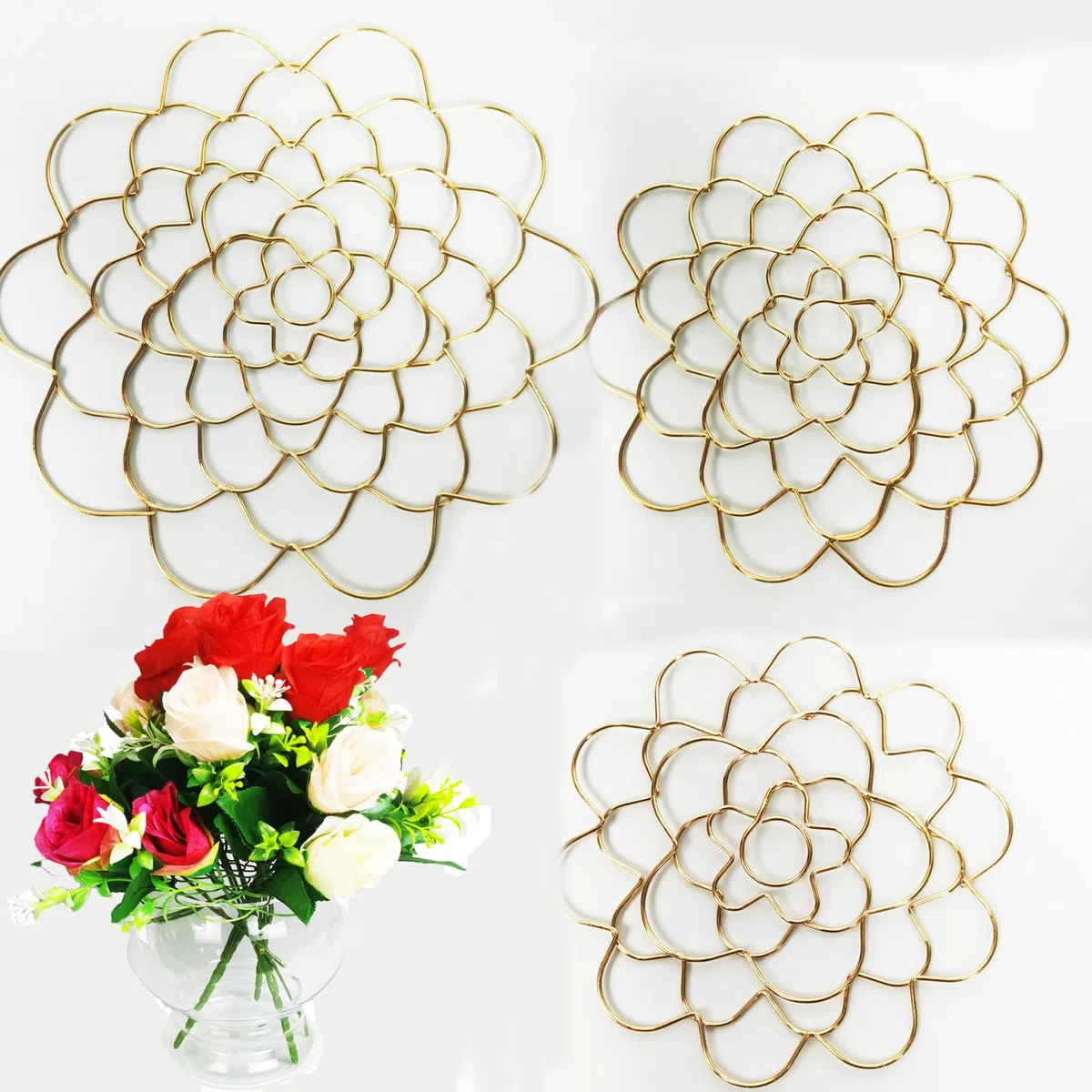 Genérico Auxiliaryn Stainless Steel Floral Grid Organizer, Plant Flowers Stem Grid Holder Insert, Reusable Flower Arrangement Holder, Flower Arranging Aid for Vases Bouquets (3Pcs-Gold - 4+5+6in)