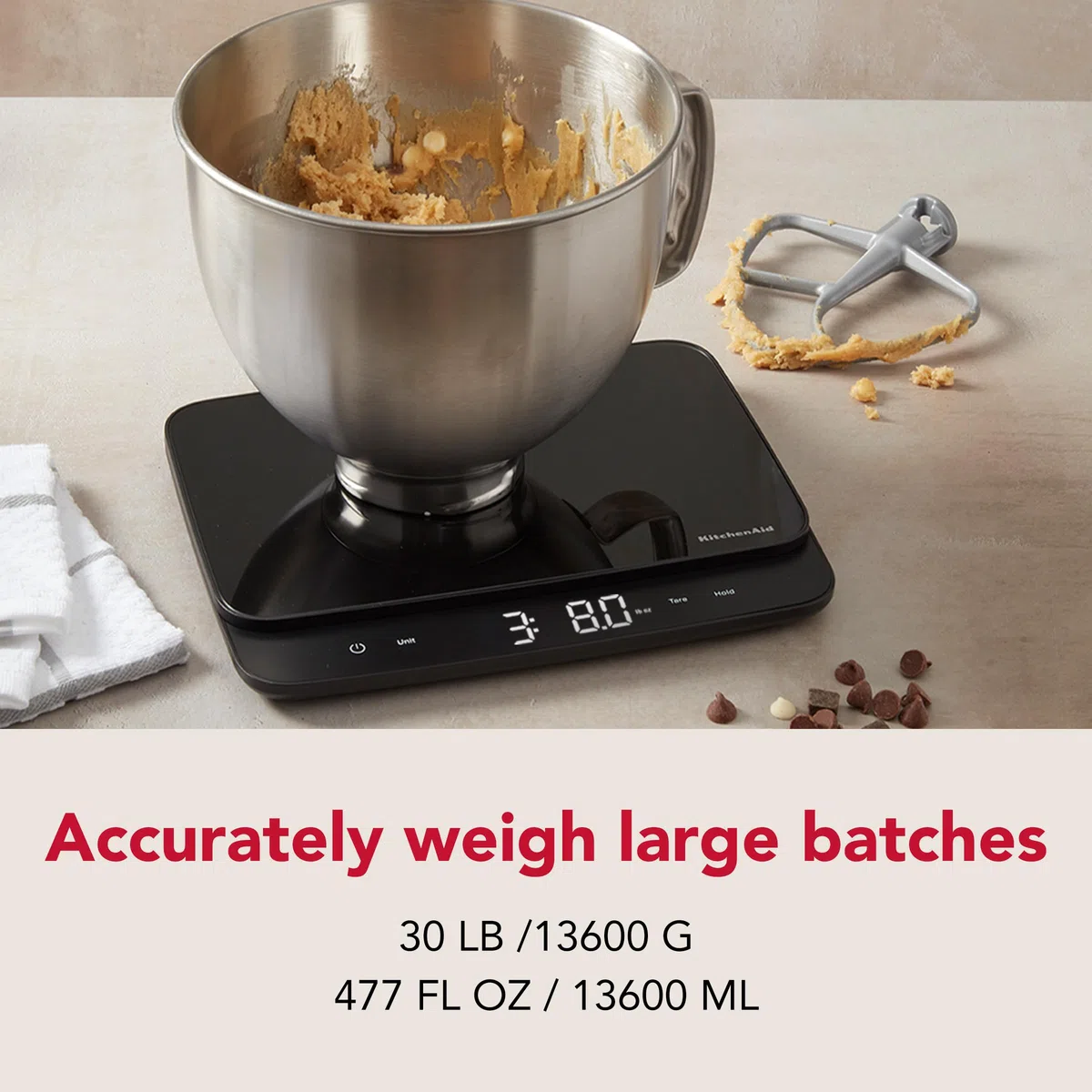 KitchenAid KQ917 - Báscula digital de cocina y alimentos con superficie de vidrio de alta capacidad, capacidad de 30 libras y precisión, gramos, onzas, libras, onzas líquidas y mililitros, LED