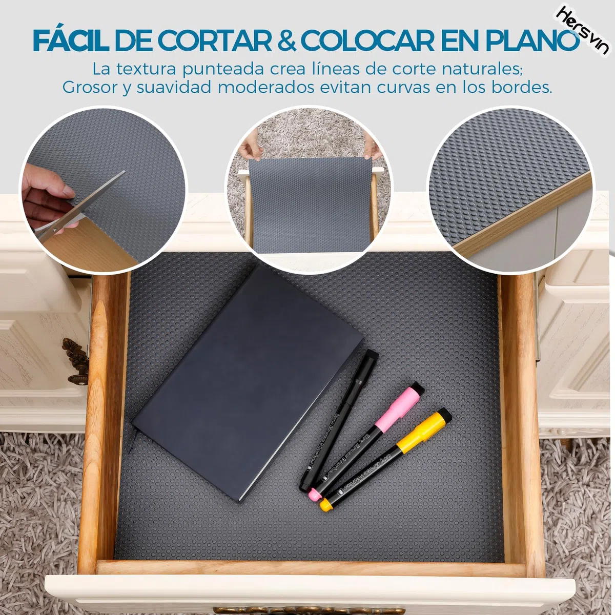 Hersvin 45cmx500cm Plastico Protector para Cocina Cajones, Alfombras Non Adhesivo para Nevera Mueble Fregadero Estante Organizador Cubiertos EVA Cubre Encimera(Gris Oscuro/Punto)