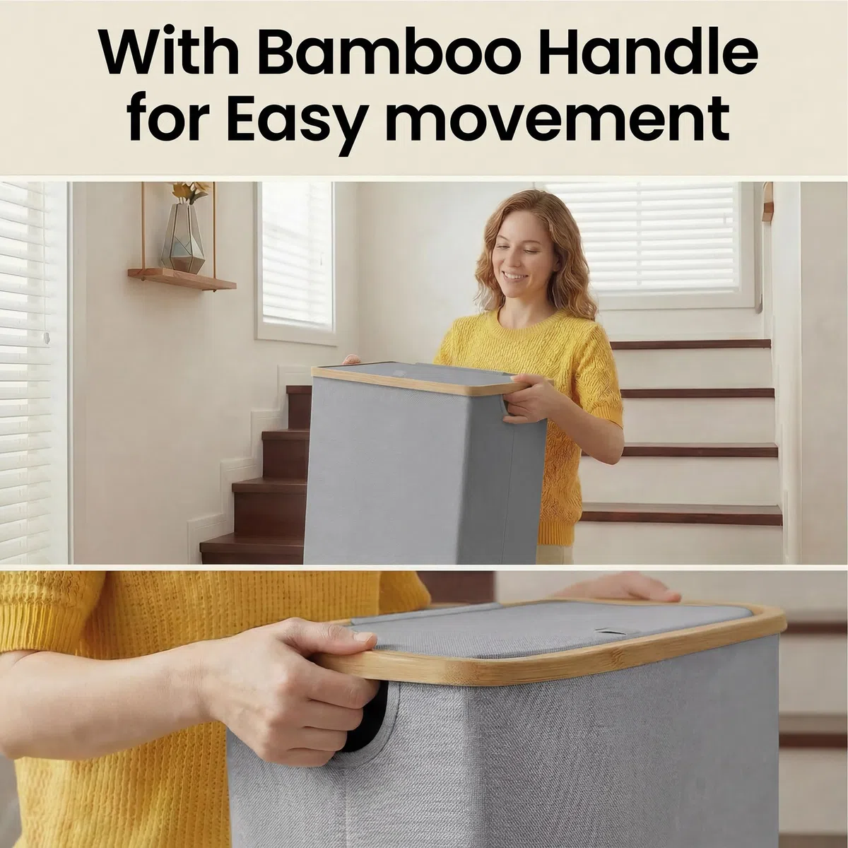 efluky Cesto Alto Grande de 100 L con Tapa y Asas de Bambú para Ropa sucia, Cubo Plegable laundry basket XXL con Bolsa Interior Gris