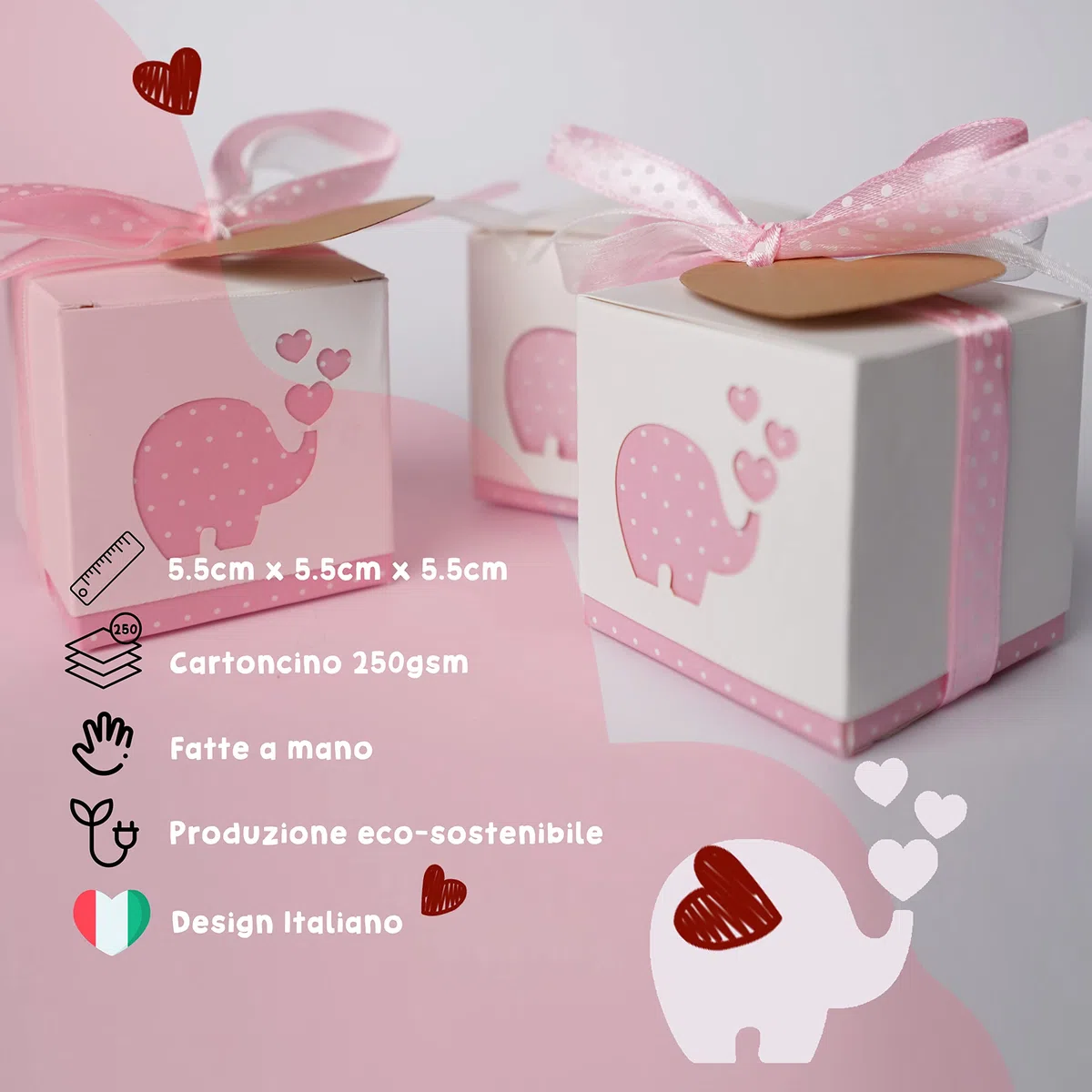 Stella Design Detalles Bautizo/Nacimiento, 48 Piezas Tarjetas y Bolsas, Elefante Niño/Niña, Cajas para Peladillas (Rosa)