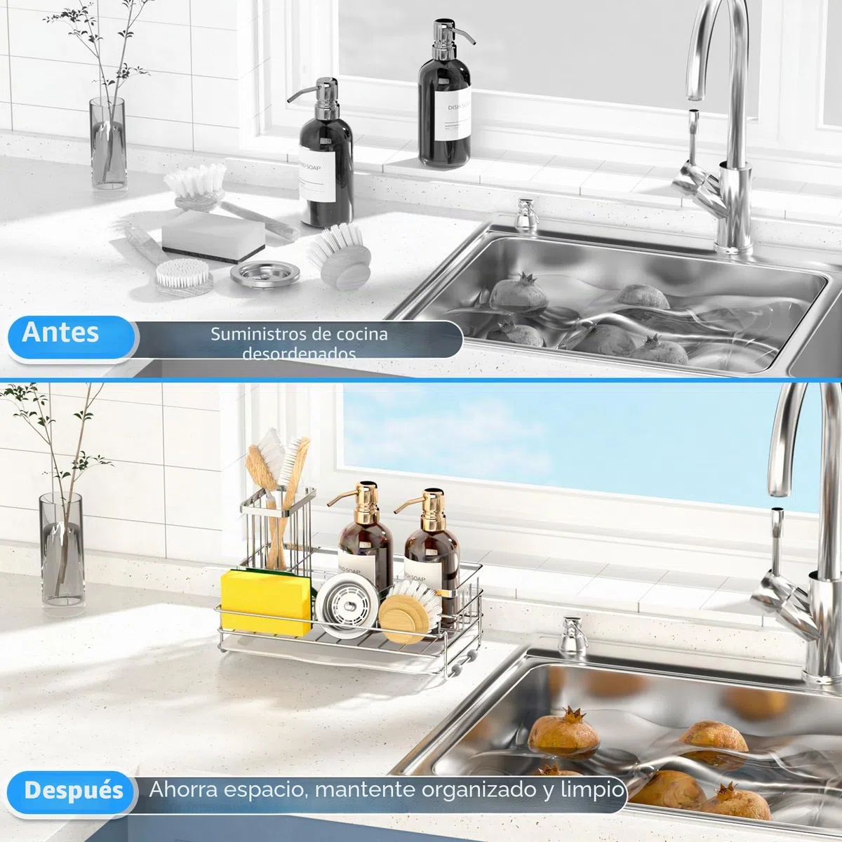 VANZAVANZU Organizador de fregadero de cocina de acero inoxidable 304, soporte de esponja de gran capacidad para cocina, soporte de cepillo extraíble, bandeja de drenaje y base de goma antideslizante,